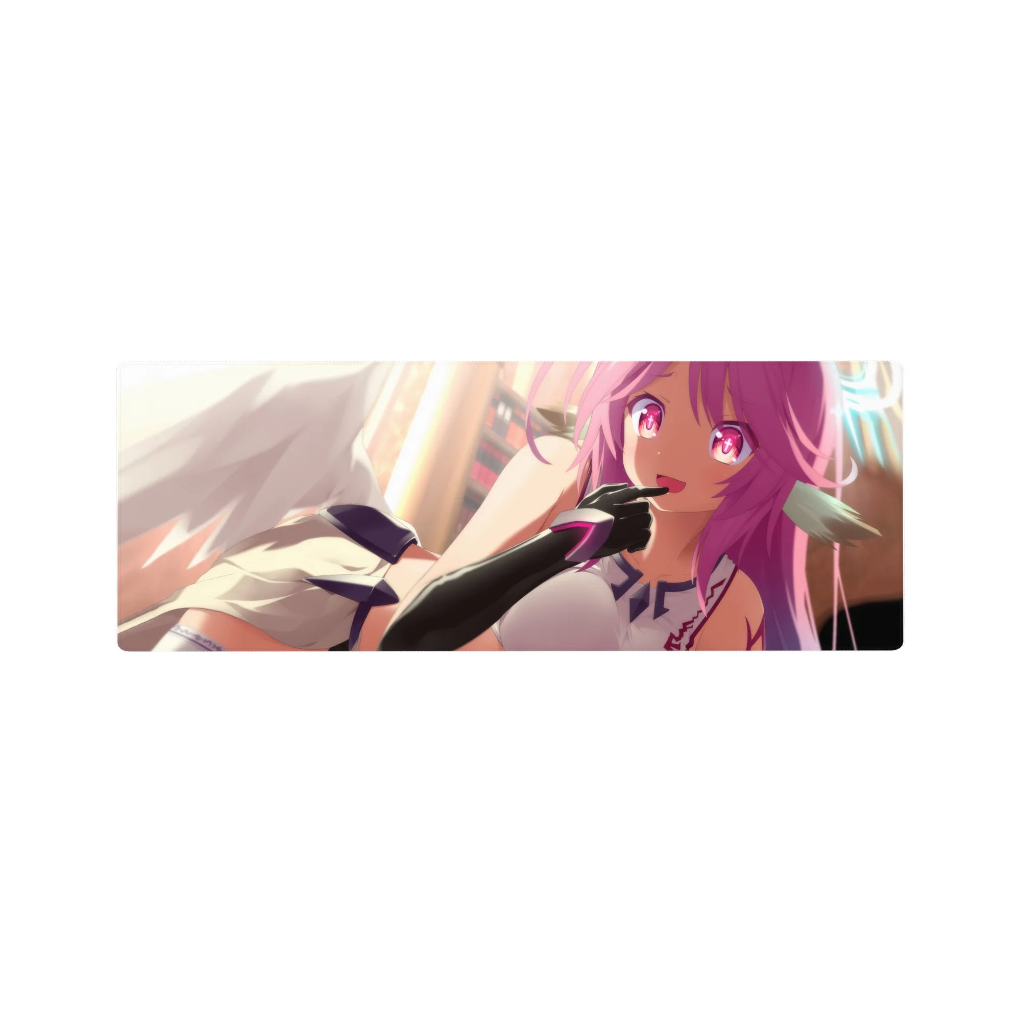 Anime girl mouse pad 32x12 inches with winged anime girl, violet hair, magenta eyes, sci-fi gloves.