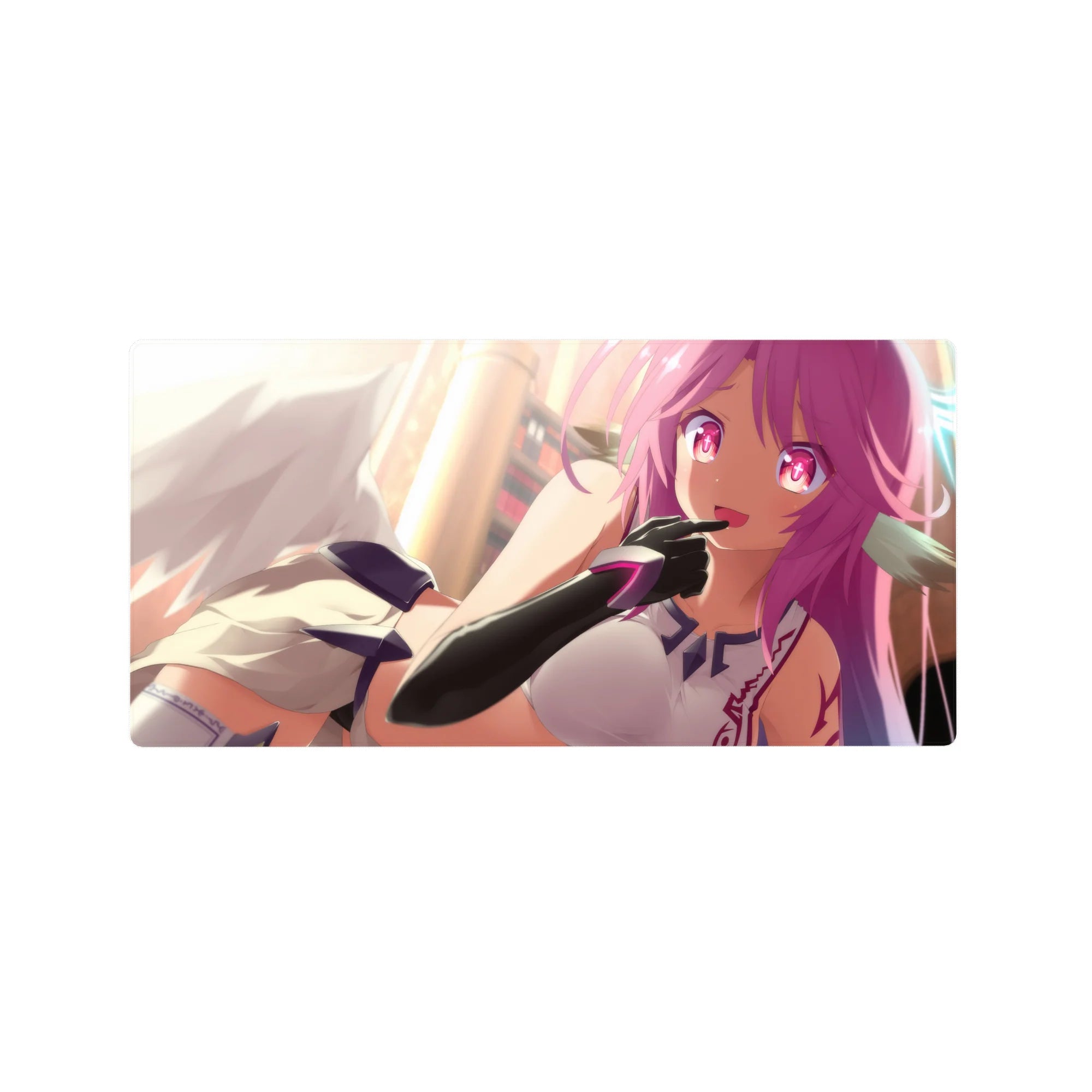 32x16 inches anime girl mouse pad with winged violet-haired girl, magenta eyes, navy accents, black gloves.