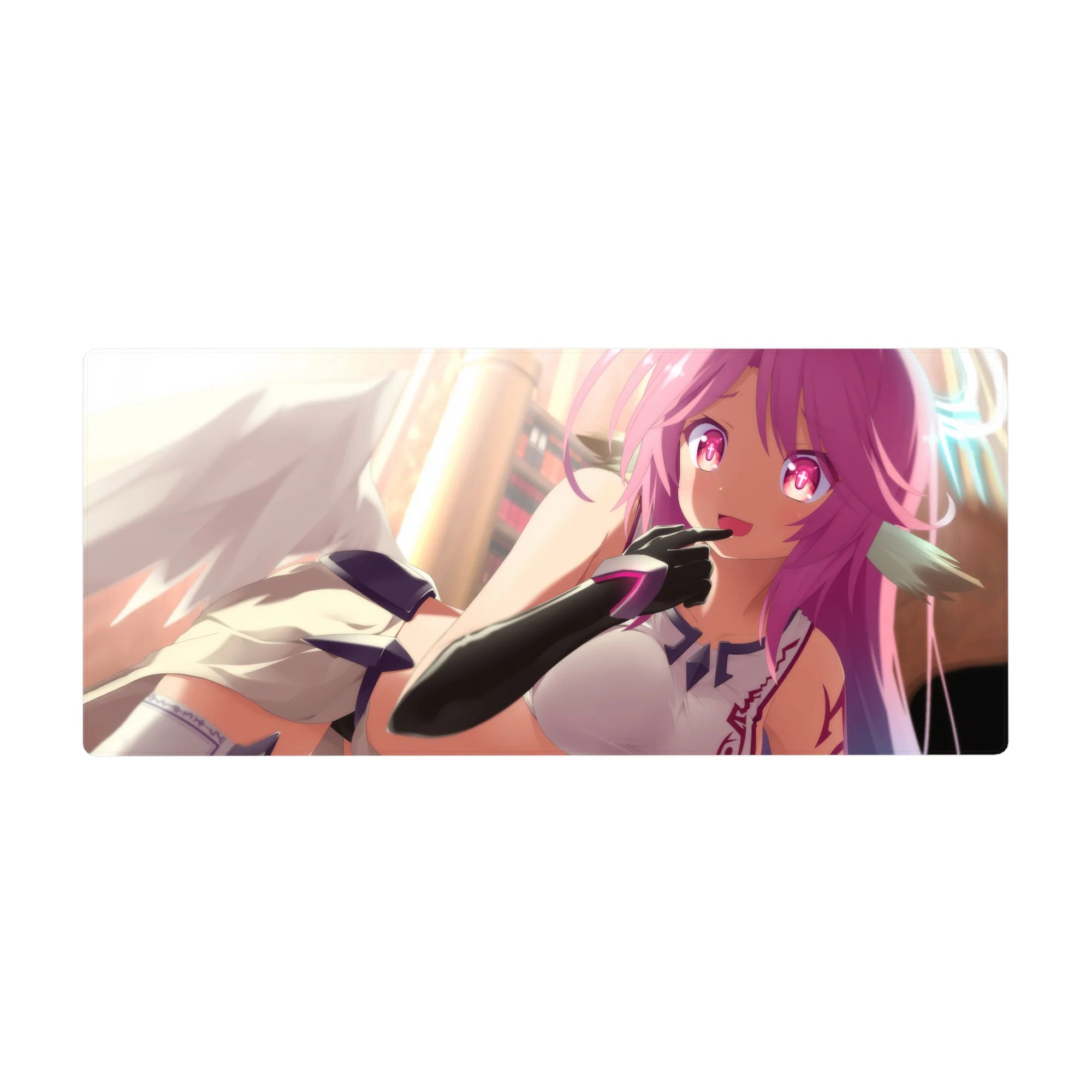 Anime girl desk pad 36x16 inches with winged pin-up pose, violet hair, magenta eyes, sci-fi gloves.