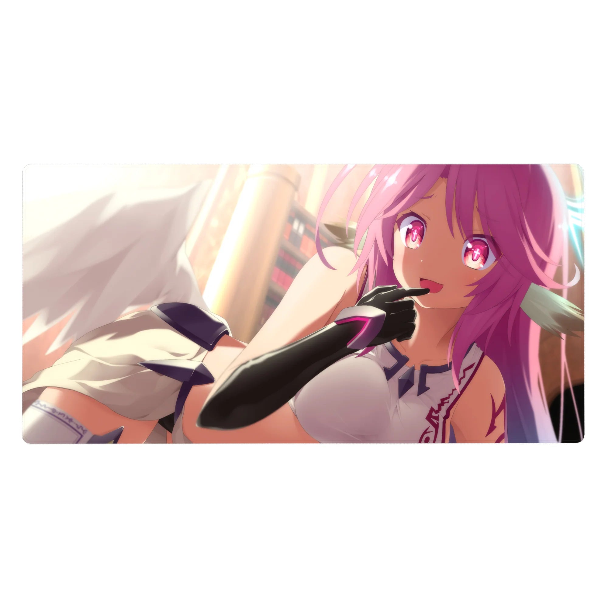 Anime girl mouse desk pad 40x20 inches with wings, violet hair, magenta eyes, and sci-fi gloves.