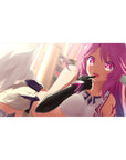Anime girl mouse desk pad 40x20 inches with wings, violet hair, magenta eyes, and sci-fi gloves.