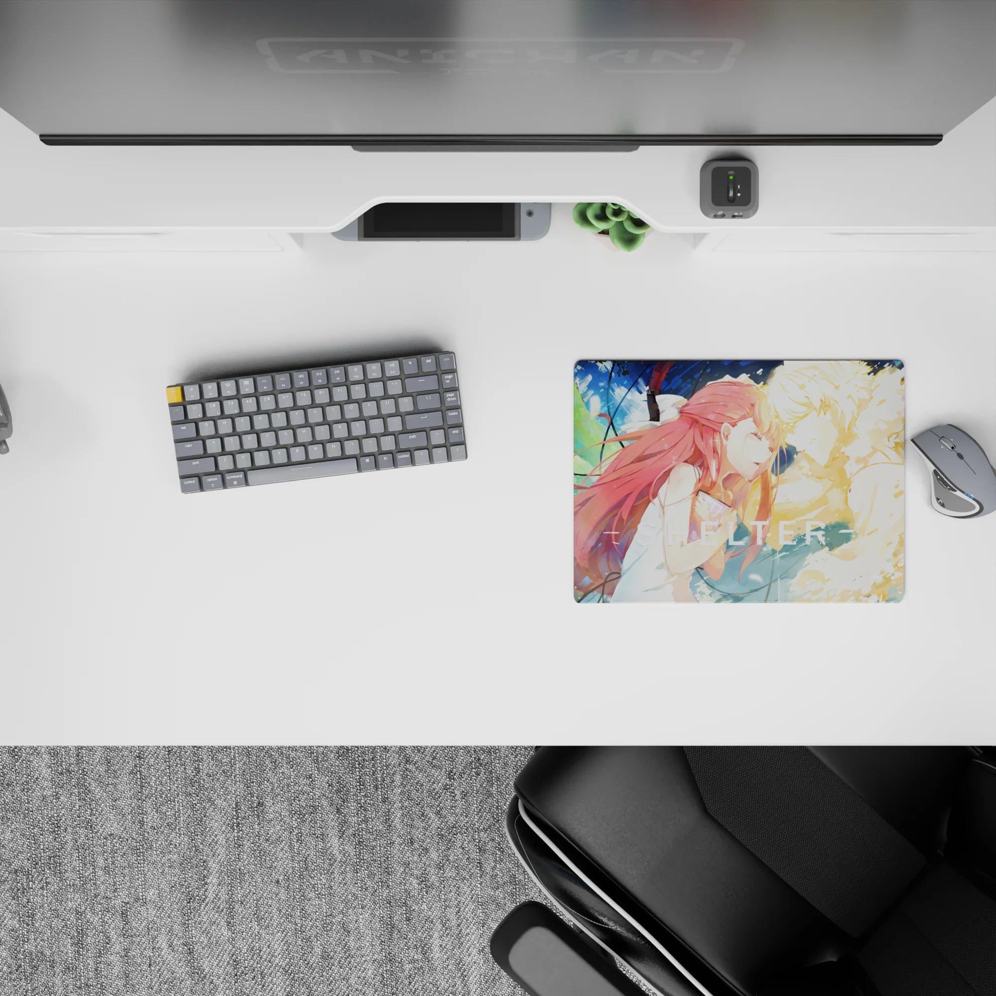 Cinematic blue-green neon swirl, soft heartbreaking vibe on Shelter anime mouse pad, 14x10 inches.