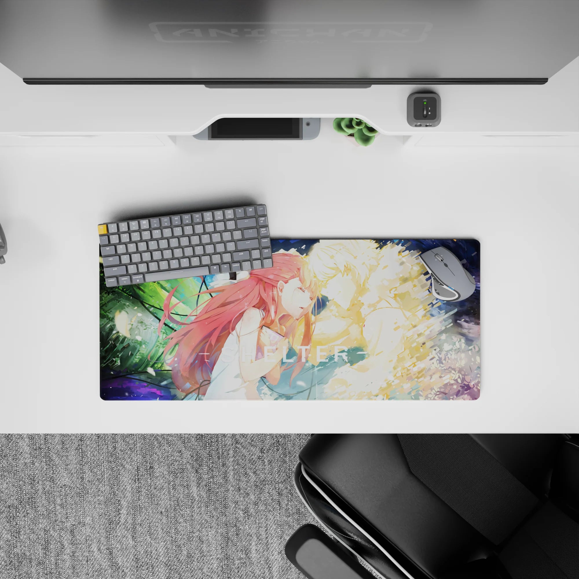 28x12 inches anime desk mat in neon green and deep blue swirls, soft cinematic mood, paint-splash motion.