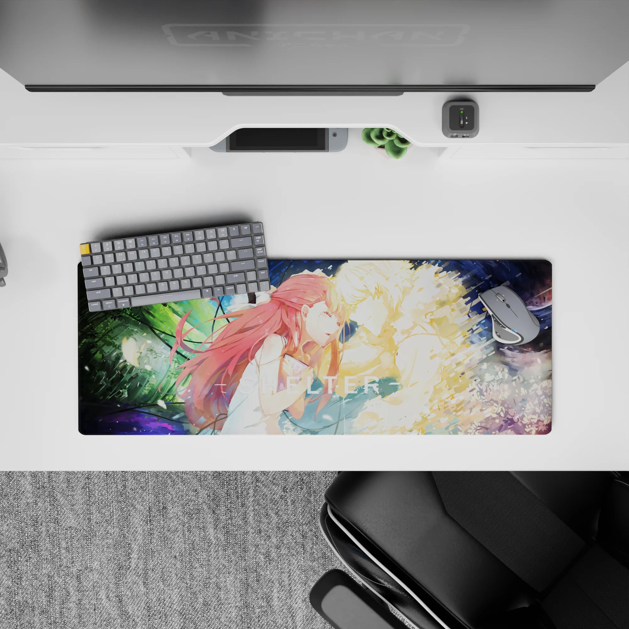 32x12 inches anime mouse pad in neon greens and deep blues, soft cinematic mood with paint-splash motion.