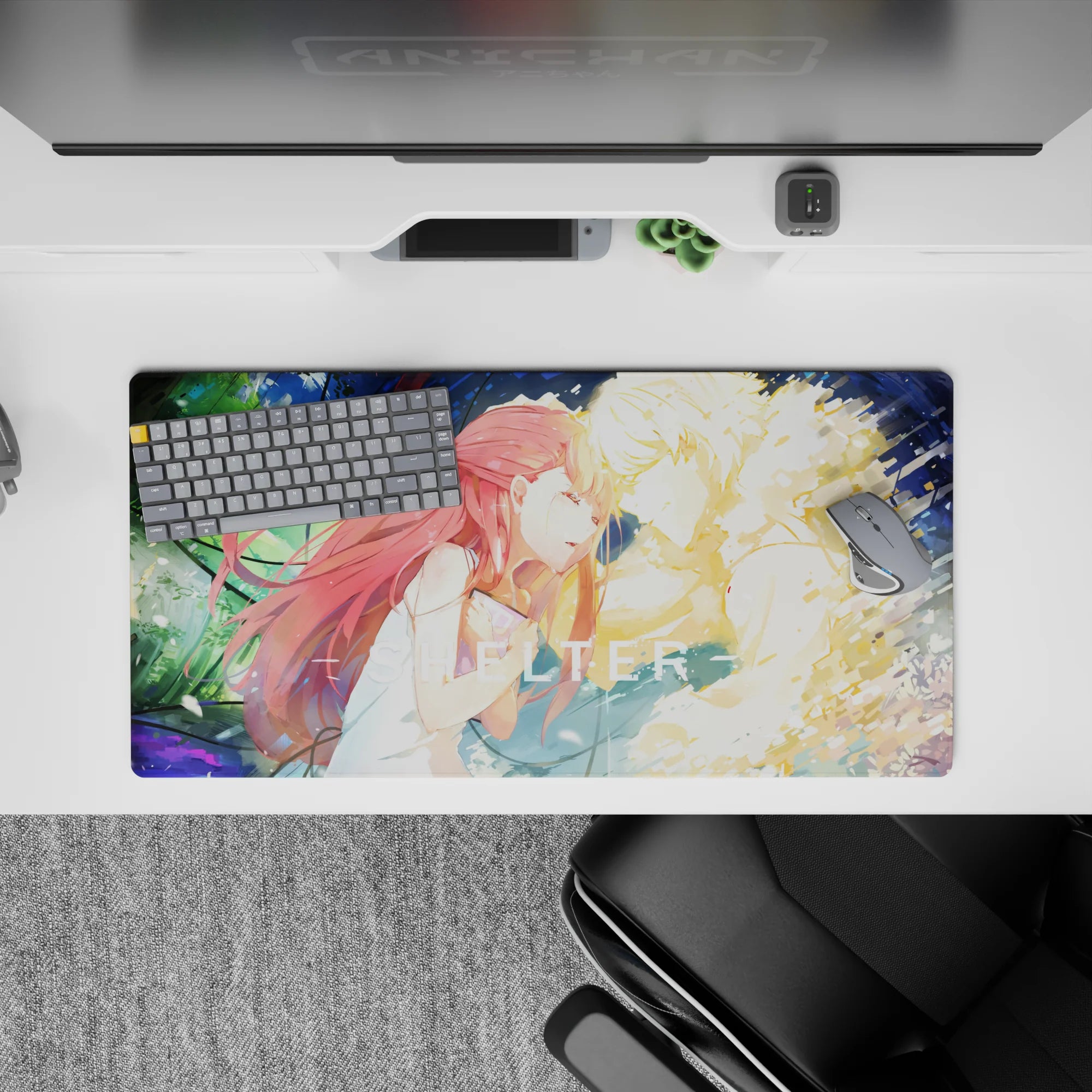 32x16 inches anime desk mat in neon greens and deep blues, soft cinematic mood with paint-splash motion.