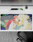 32x16 inches anime desk mat in neon greens and deep blues, soft cinematic mood with paint-splash motion.