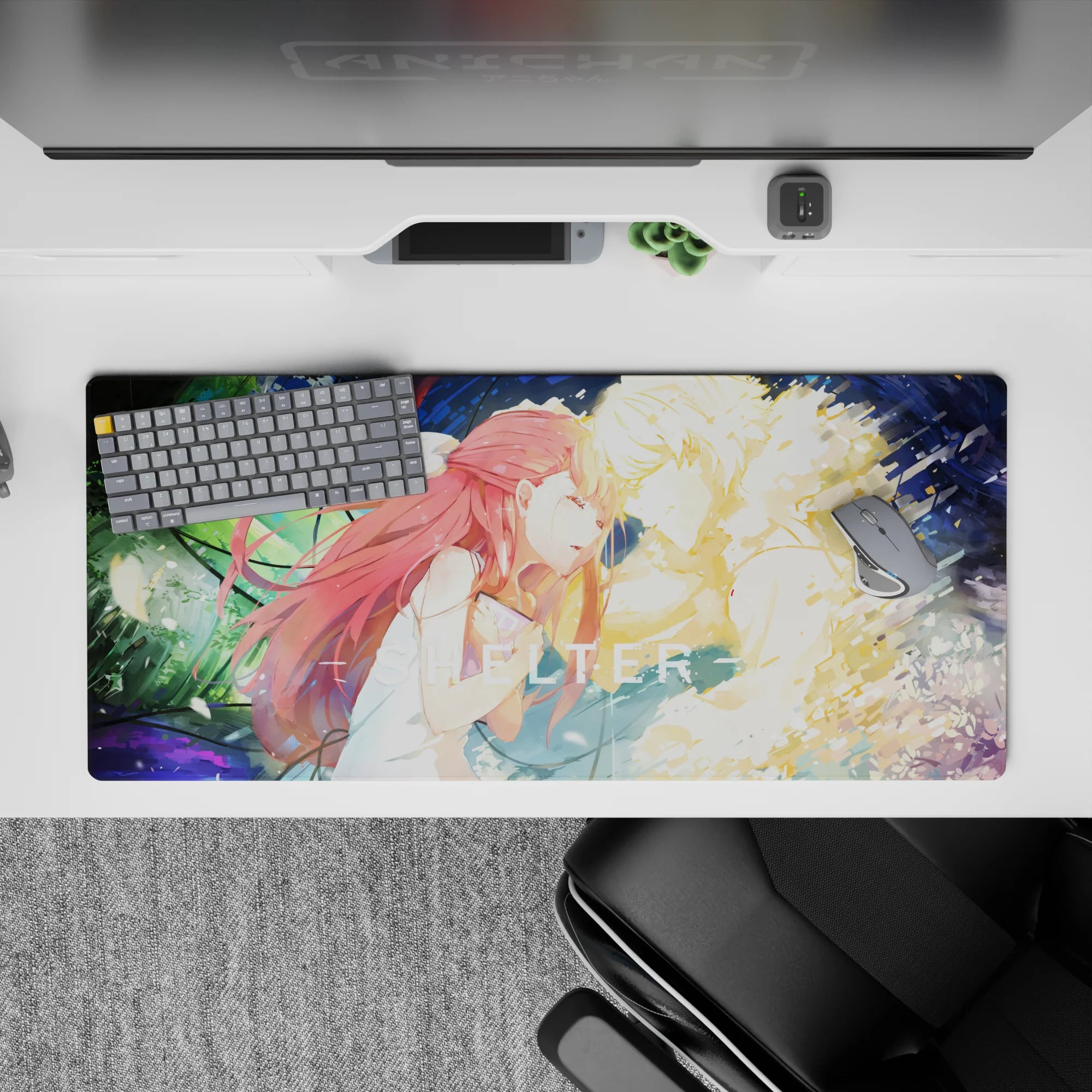 Cinematic neon green and deep blue anime desk pad 36x16 inches, soft heartbreak mood with paint-splash motion.