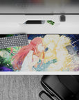 Cinematic neon green and deep blue anime desk pad 36x16 inches, soft heartbreak mood with paint-splash motion.