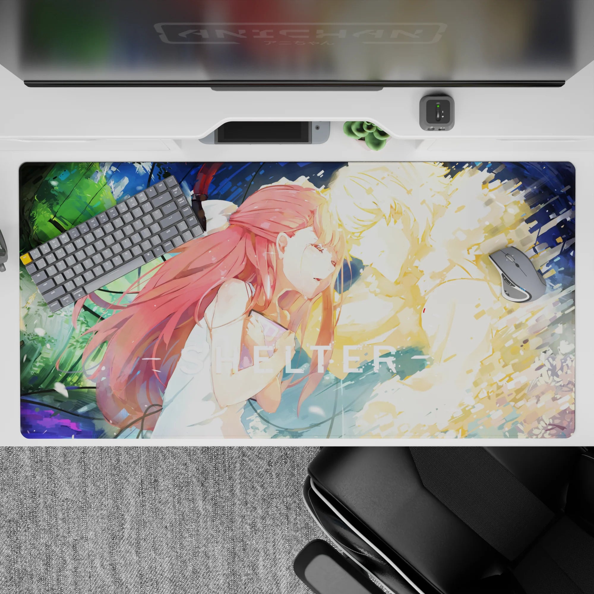 Moody 40x20 inches anime desk pad in neon green and deep blue, soft cinematic feel, calm in chaos.