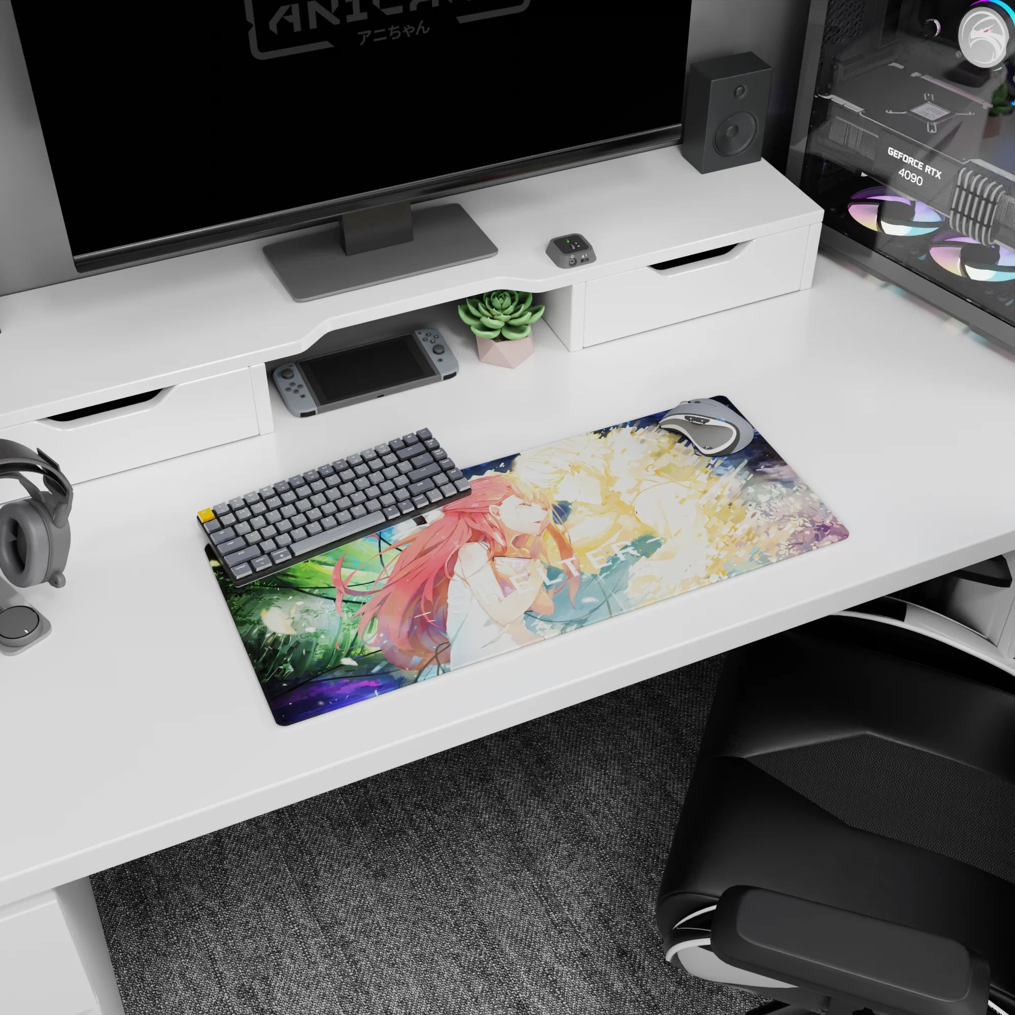 28x12 inches anime mouse pad showing red-haired girl in white dress leaning close to a glowing blond.