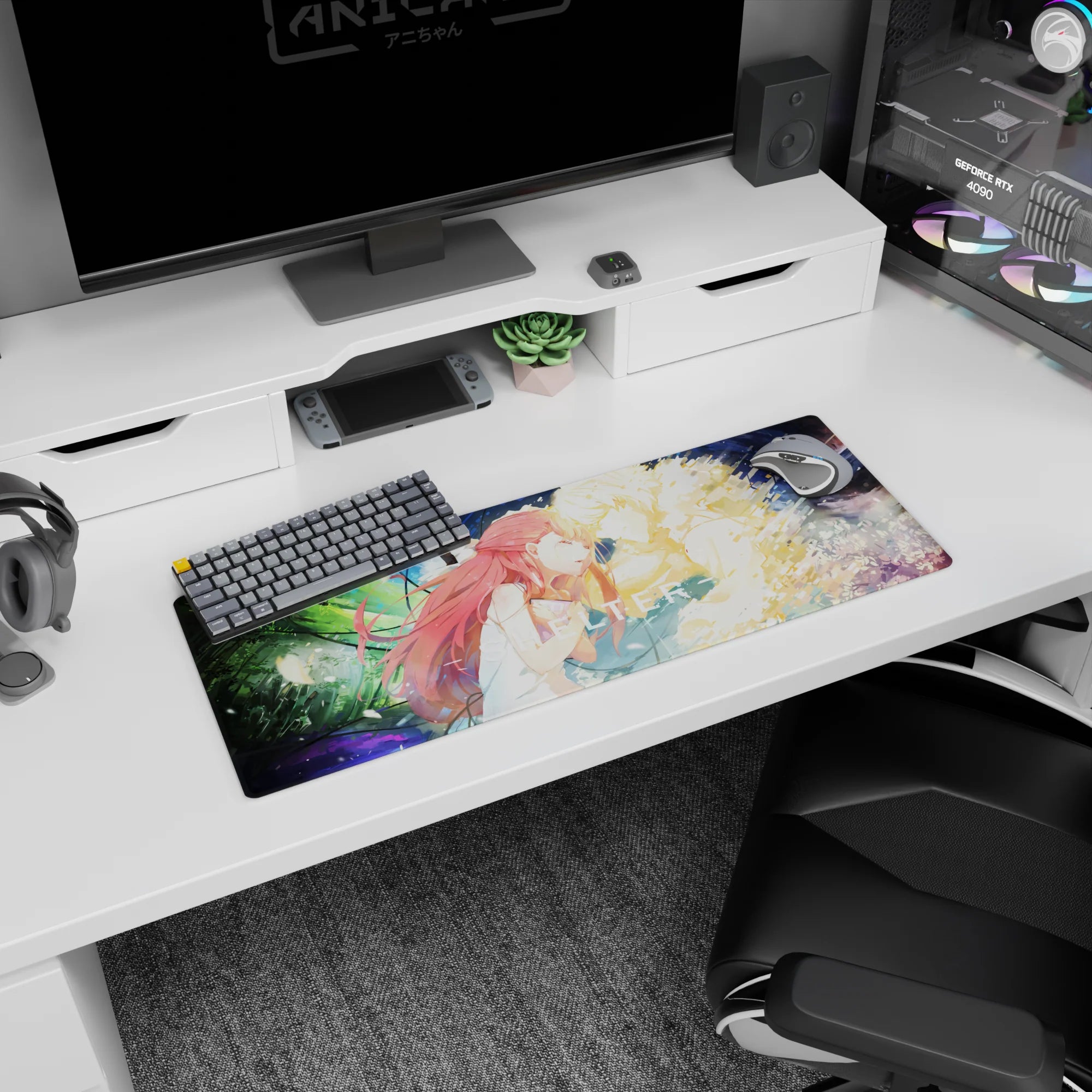 32x12 inches anime mouse pad showing a red-haired girl in white leaning close to a glowing blond figure.