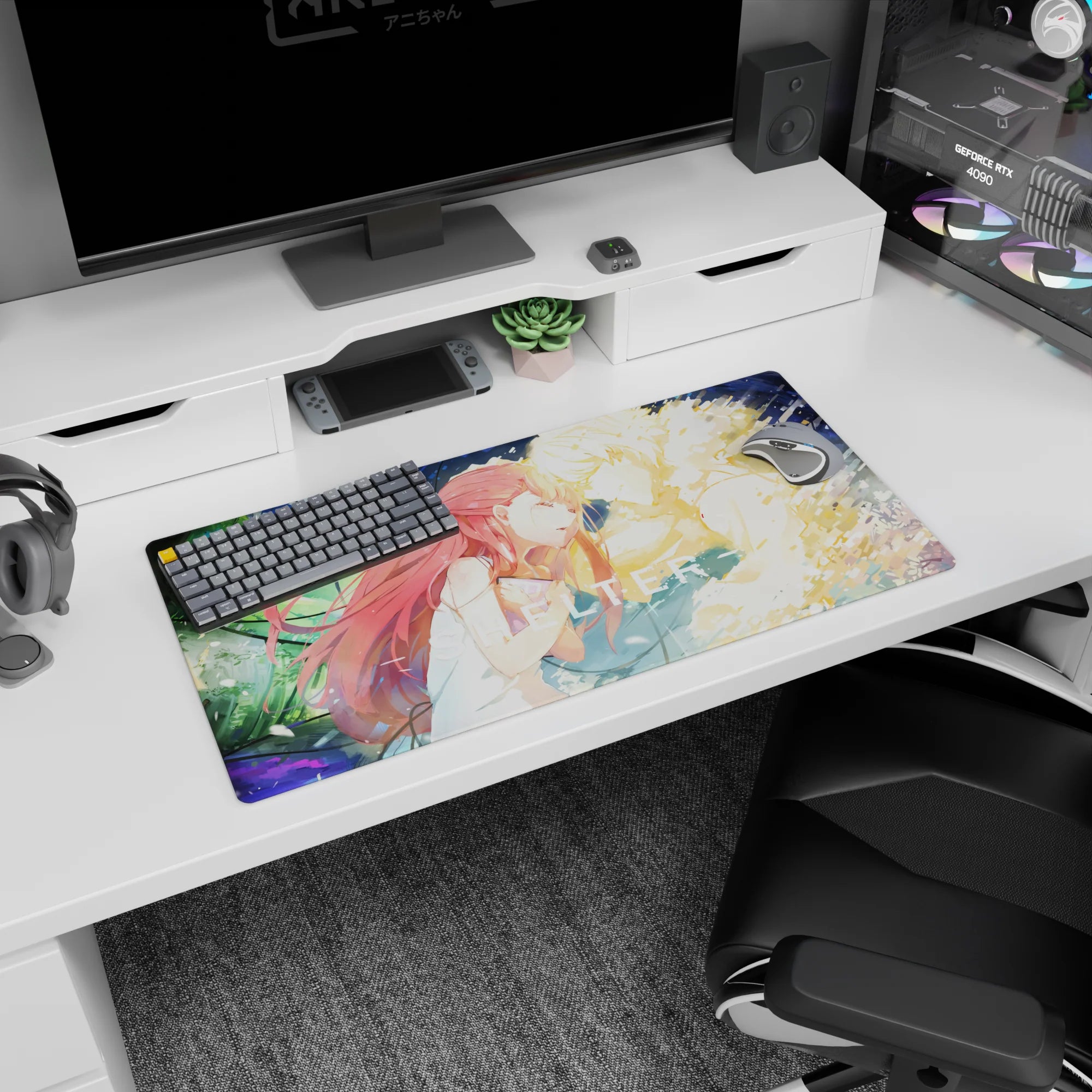 32x16 inches anime mouse pad showing a red-haired girl in white leaning close to a glowing blond figure.