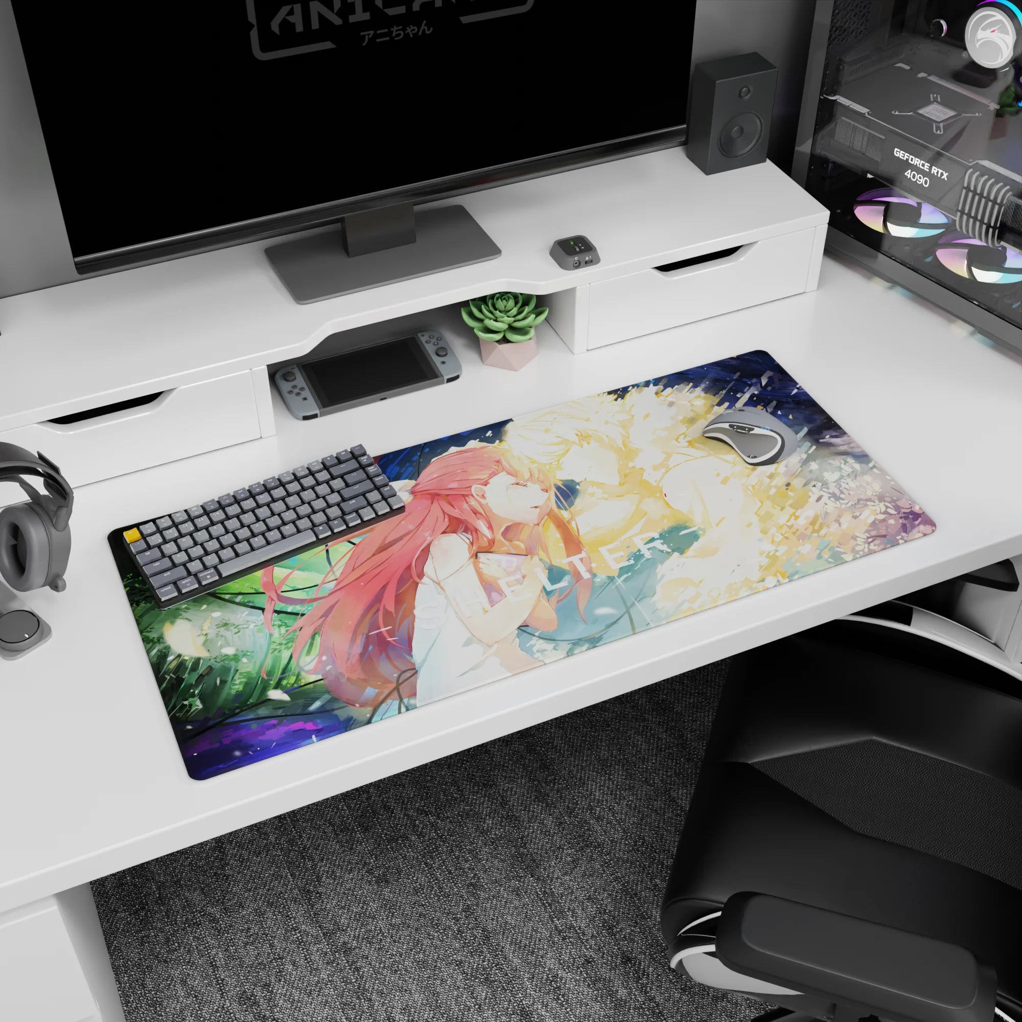 Red-haired girl in white dress leaning close to a glowing blond figure on anime desk pad 36x16 inches.