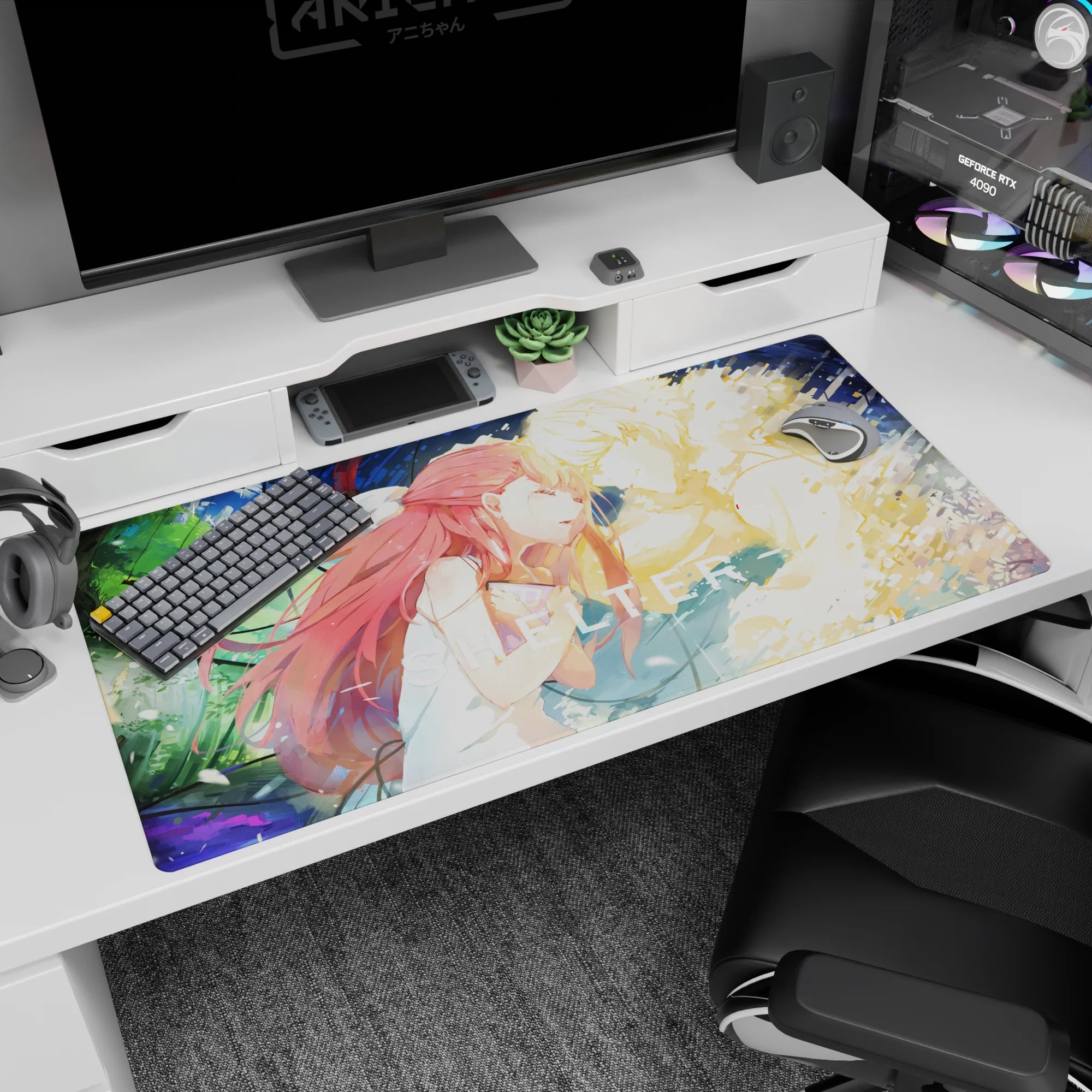 40x20 inches anime desk pad showing red-haired girl in white dress leaning toward a glowing blond memory.