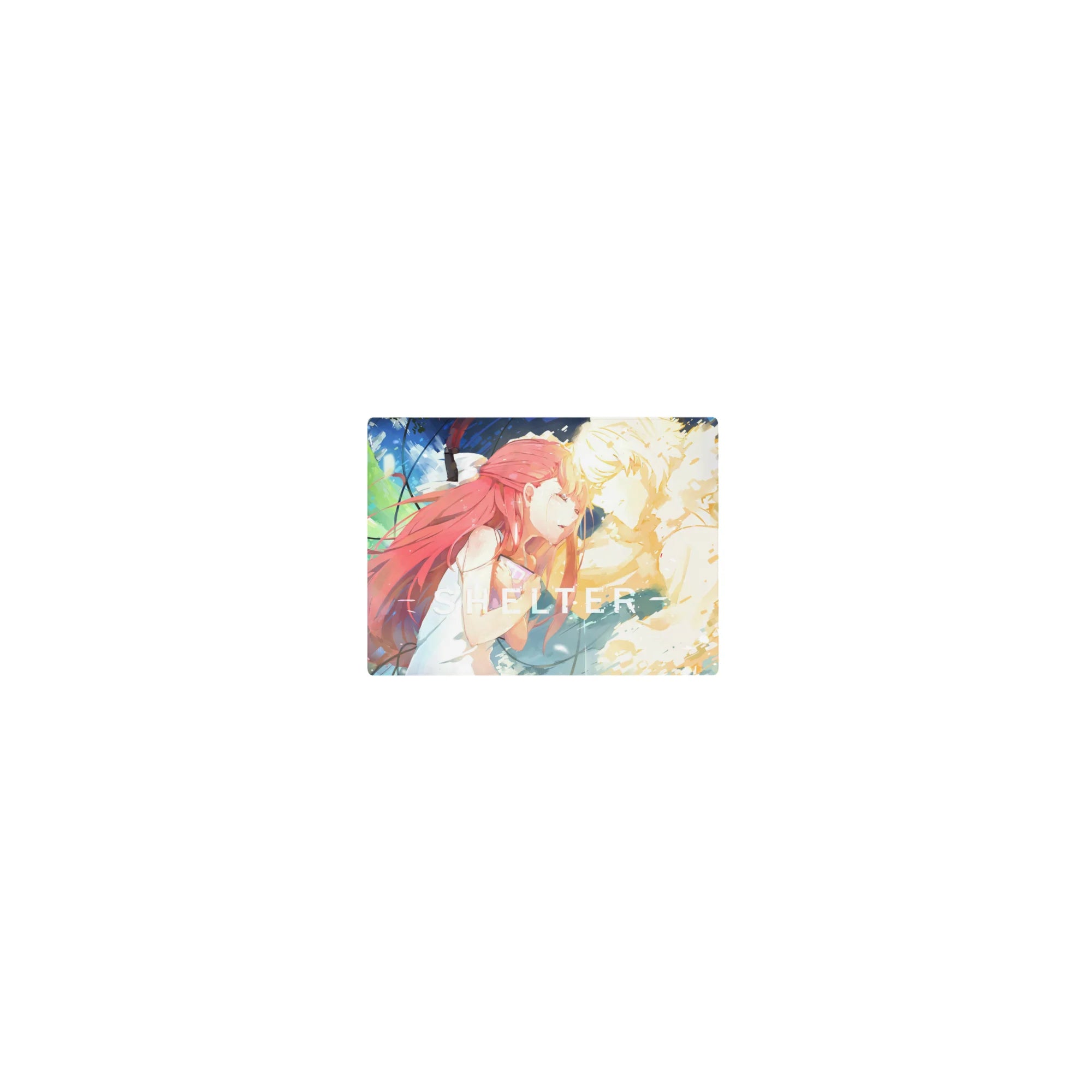 Shelter anime mouse pad 14x10 inches with red-haired girl and glowing blond figure, neon splash background.