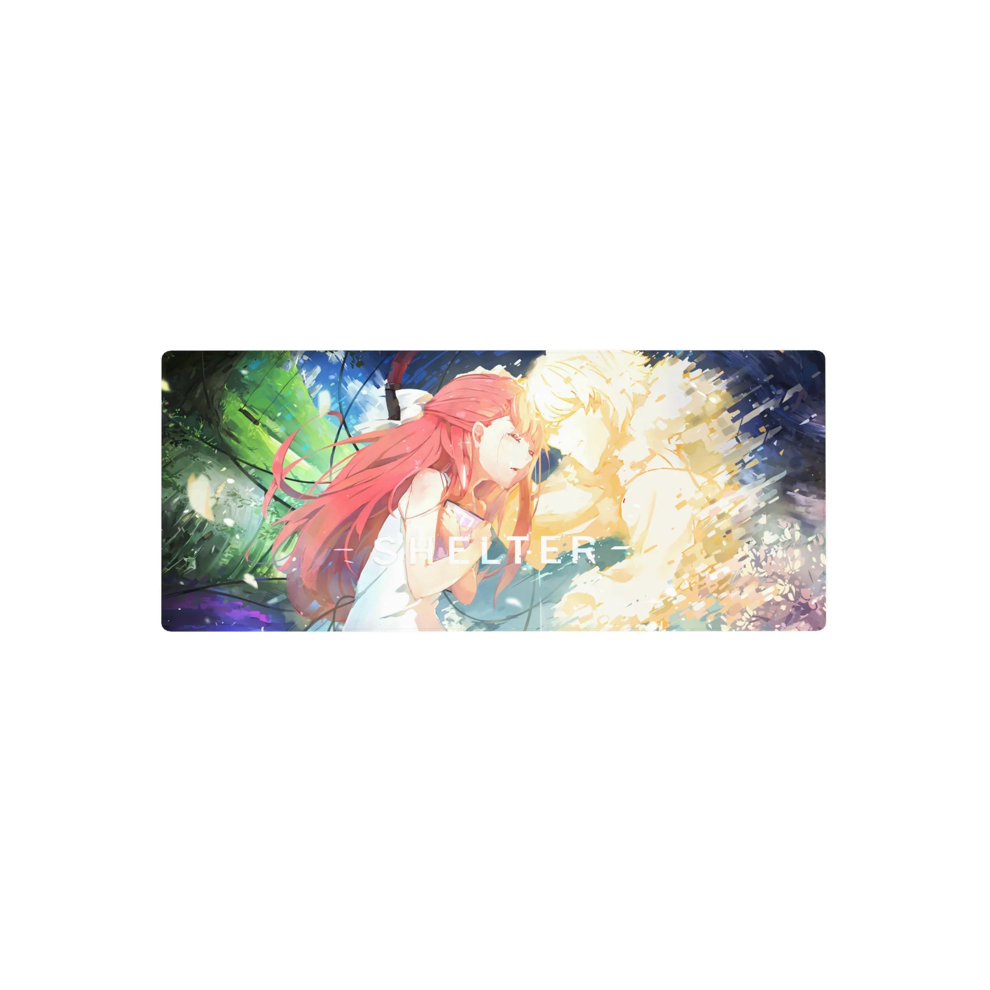 28x12 inches anime mouse pad with red-haired girl and glowing blond figure, SHELTER text, desk mat.