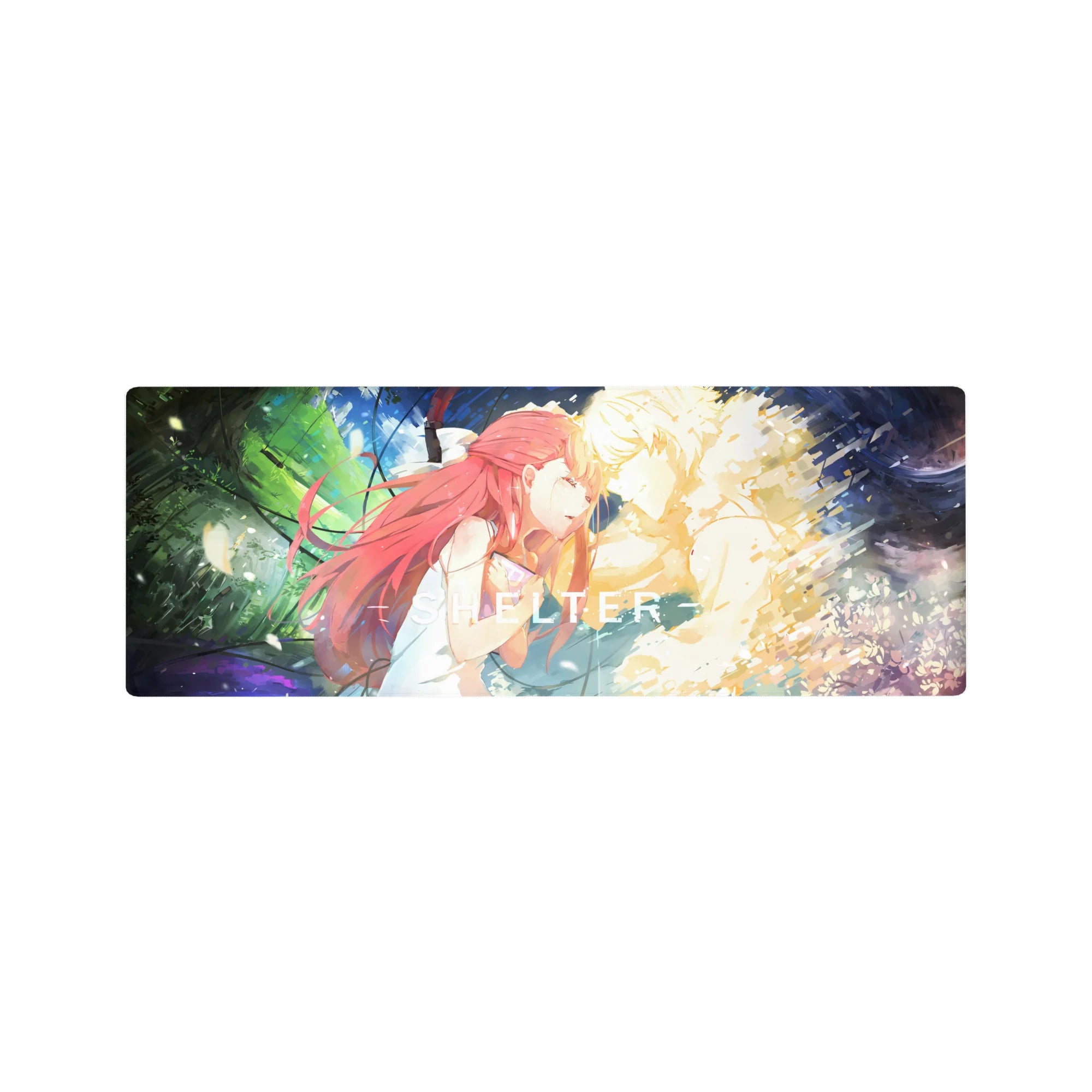 32x12 inches anime mouse pad with red-haired girl and glowing blond figure, SHELTER text, neon swirl backdrop.