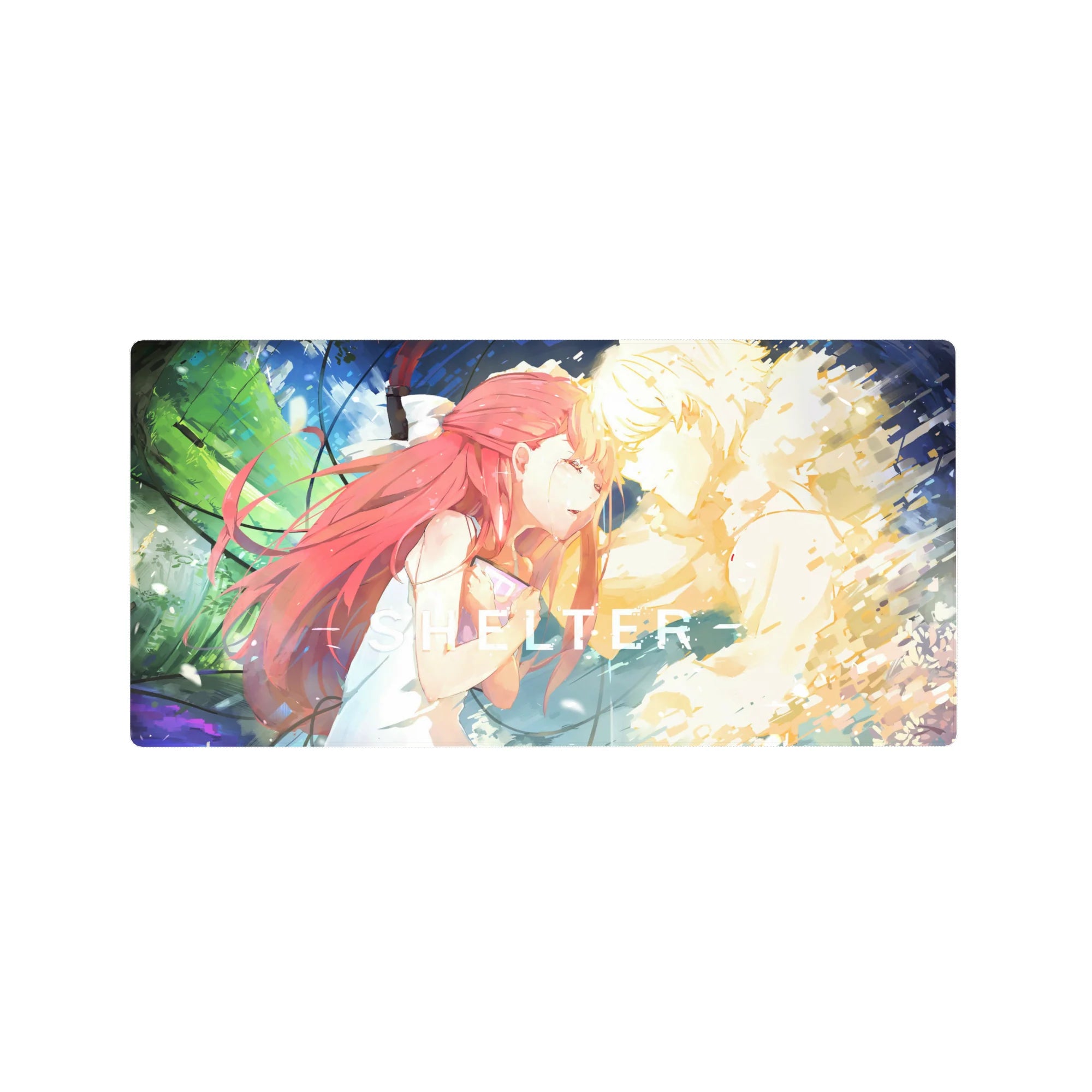 32x16 inches anime mouse pad with Shelter lettering, red-haired girl and glowing blond figure, neon swirl art.