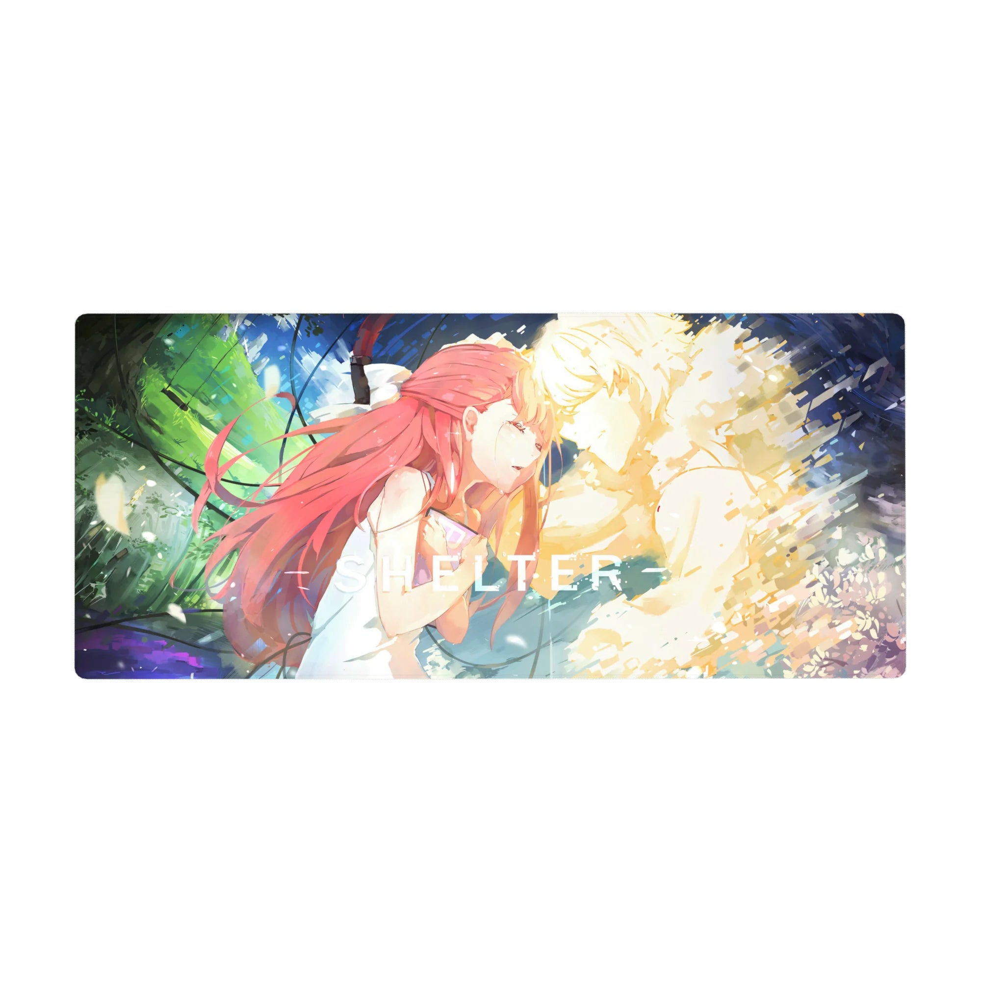 SHELTER anime desk pad 36x16 inches with red-haired girl and glowing blond figure on neon swirl backdrop.