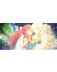 SHELTER anime desk pad 36x16 inches with red-haired girl and glowing blond figure on neon swirl backdrop.