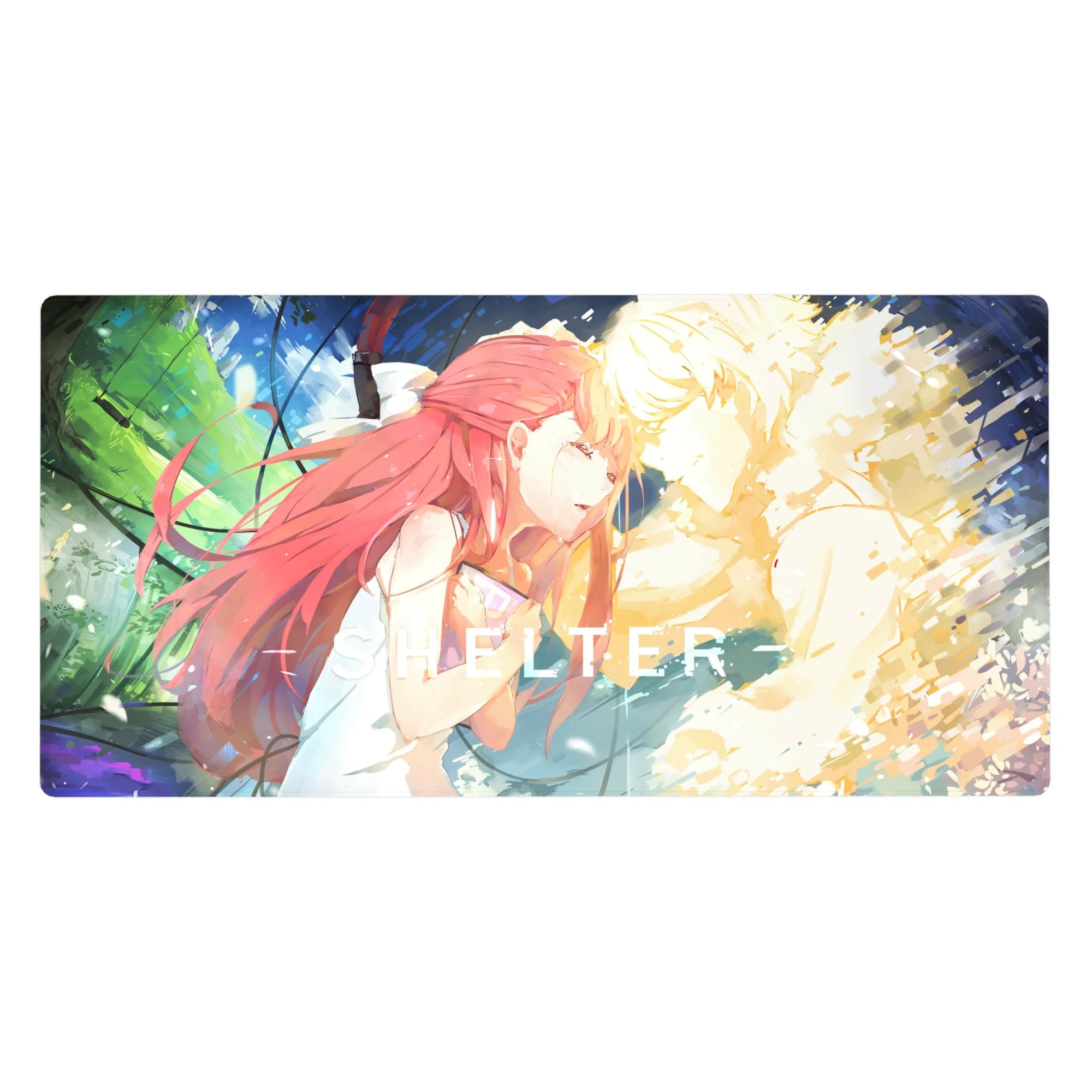 SHELTER anime desk pad 40x20 inches with red-haired girl and glowing blond figure, paint-splash backdrop.