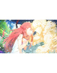 SHELTER anime desk pad 40x20 inches with red-haired girl and glowing blond figure, paint-splash backdrop.