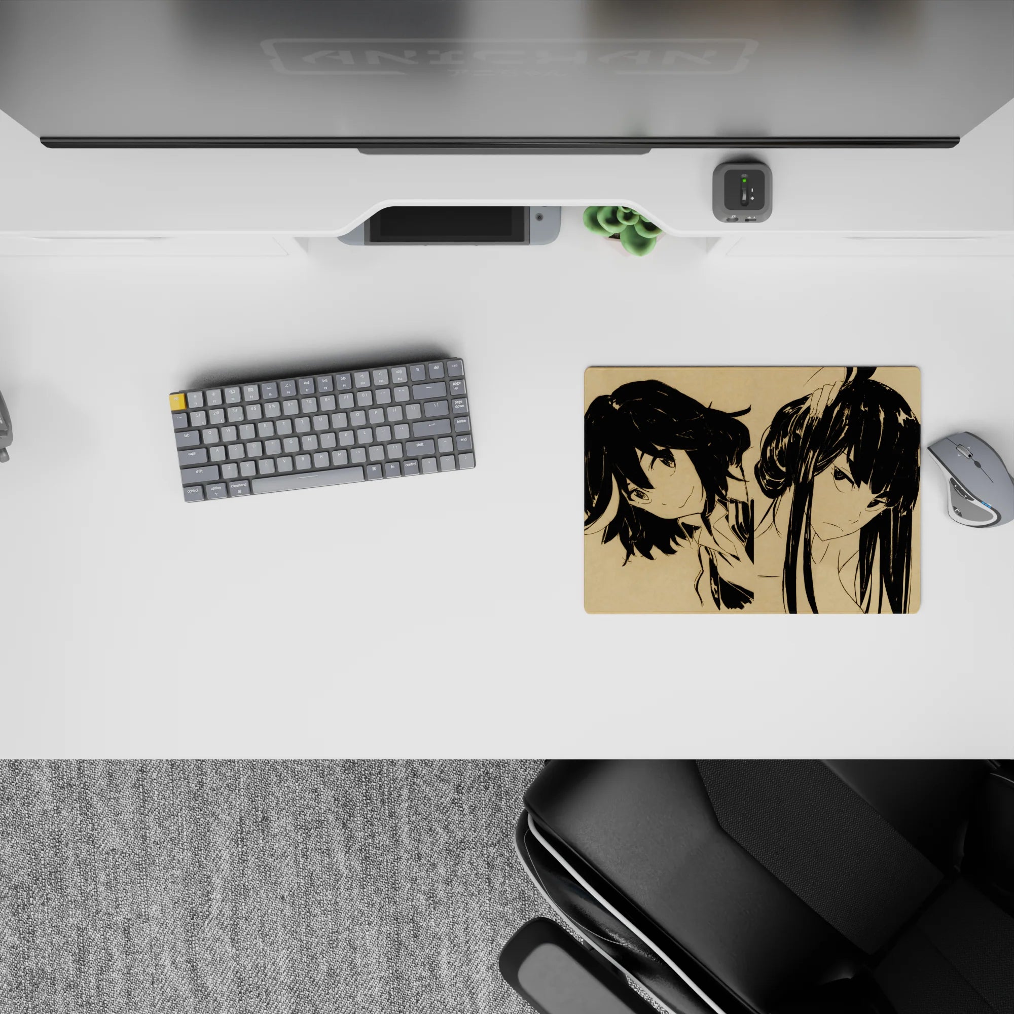 Minimal beige-and-black anime girl mouse pad 14x10 inches, calm negative space with edgy sketch lines.