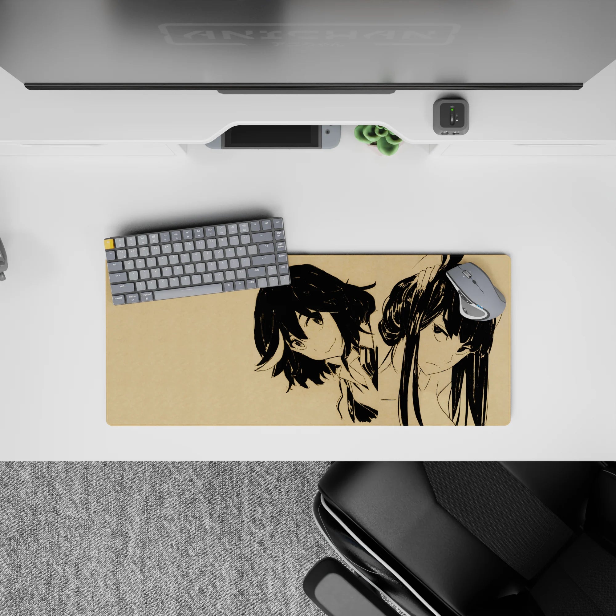 Parchment beige and black ink anime girl mouse pad 28x12 inches, calm minimal look with edgy attitude.