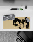 Parchment beige and black ink anime girl mouse pad 28x12 inches, calm minimal look with edgy attitude.