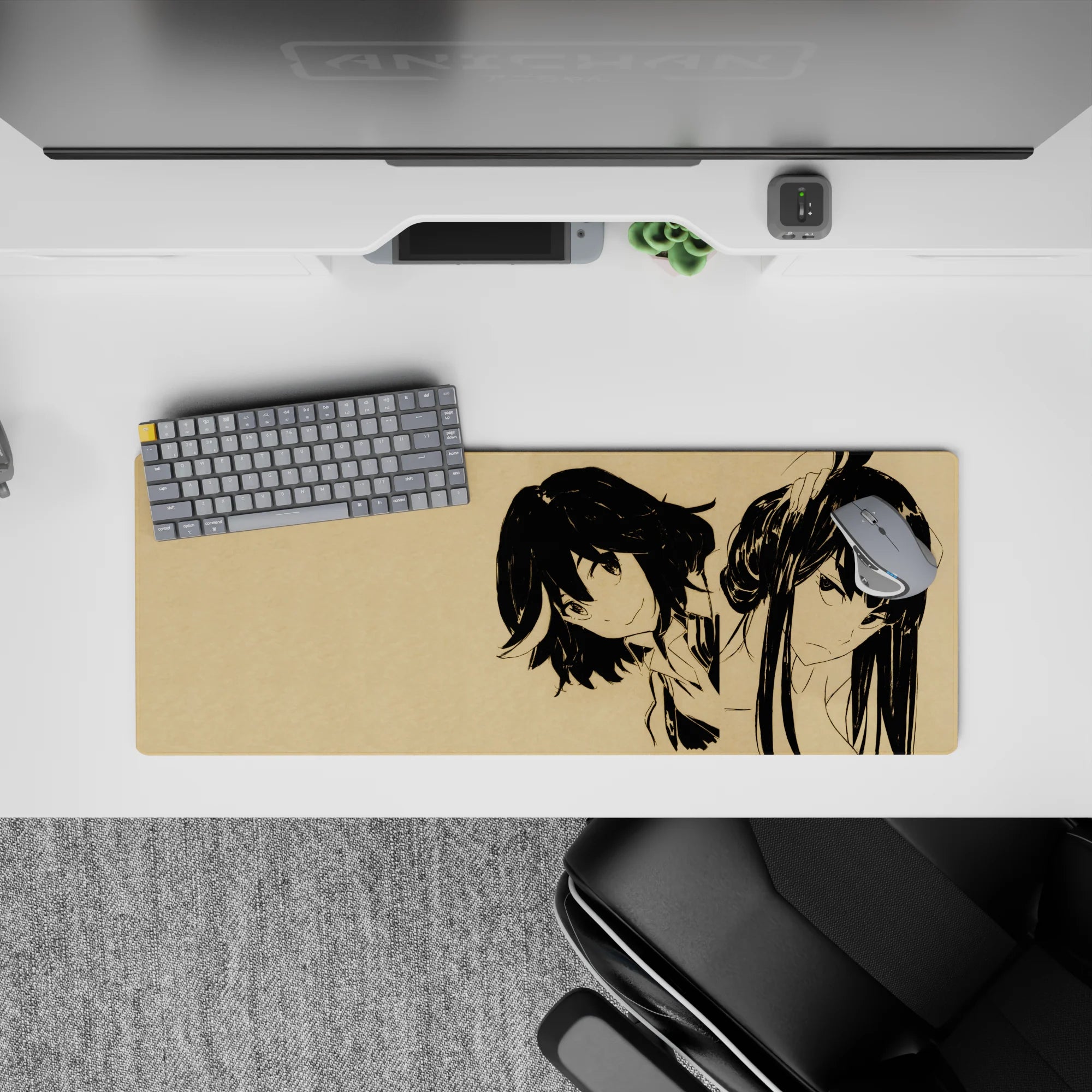 32x12 inches anime girl mouse pad in black line art on warm parchment beige, calm negative space vibe.