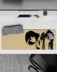 32x12 inches anime girl mouse pad in black line art on warm parchment beige, calm negative space vibe.