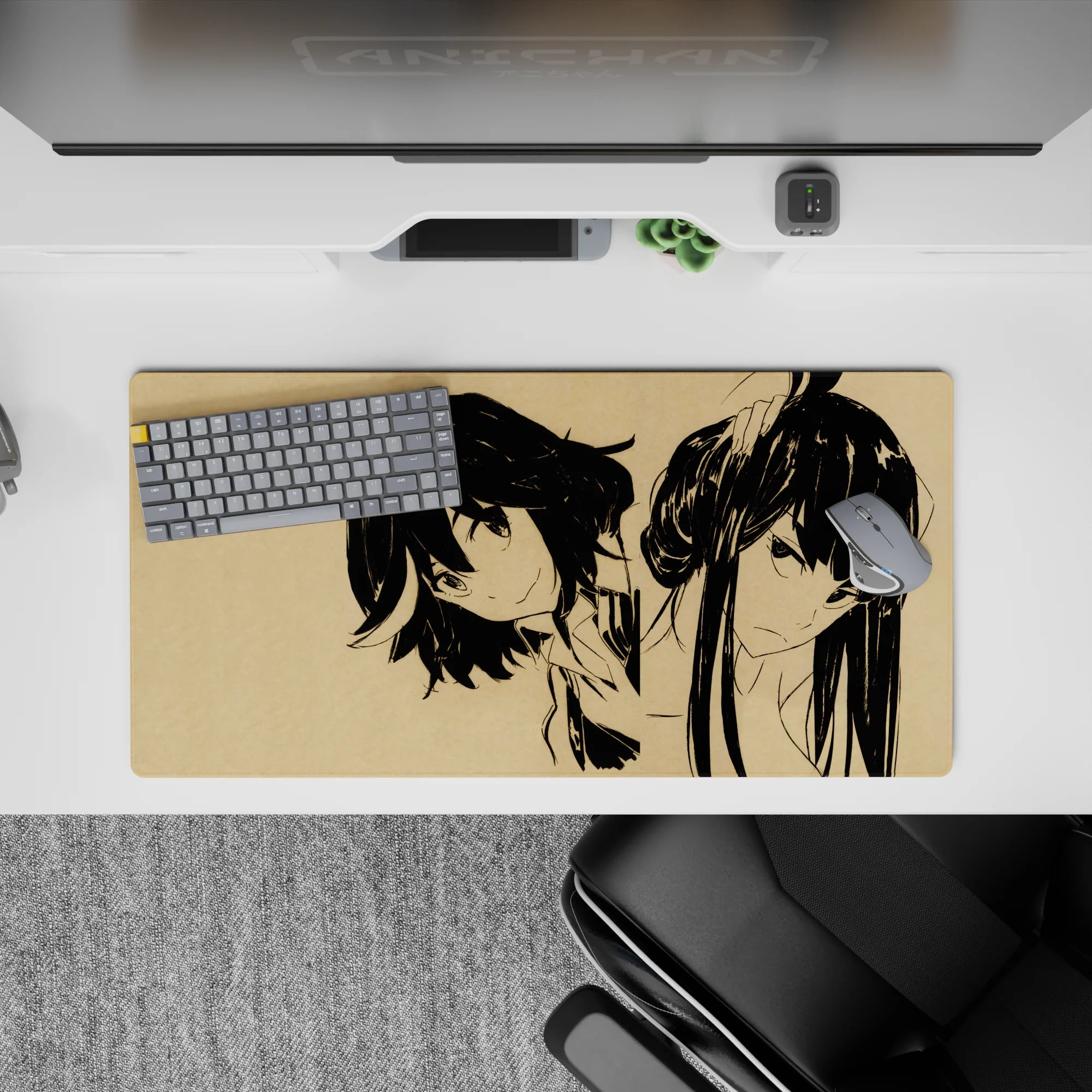 Parchment beige anime girl mouse pad 32x16 inches in bold black ink, calm minimal vibe, fierce-cute mood.