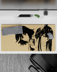 Parchment beige anime girl mouse pad 32x16 inches in bold black ink, calm minimal vibe, fierce-cute mood.