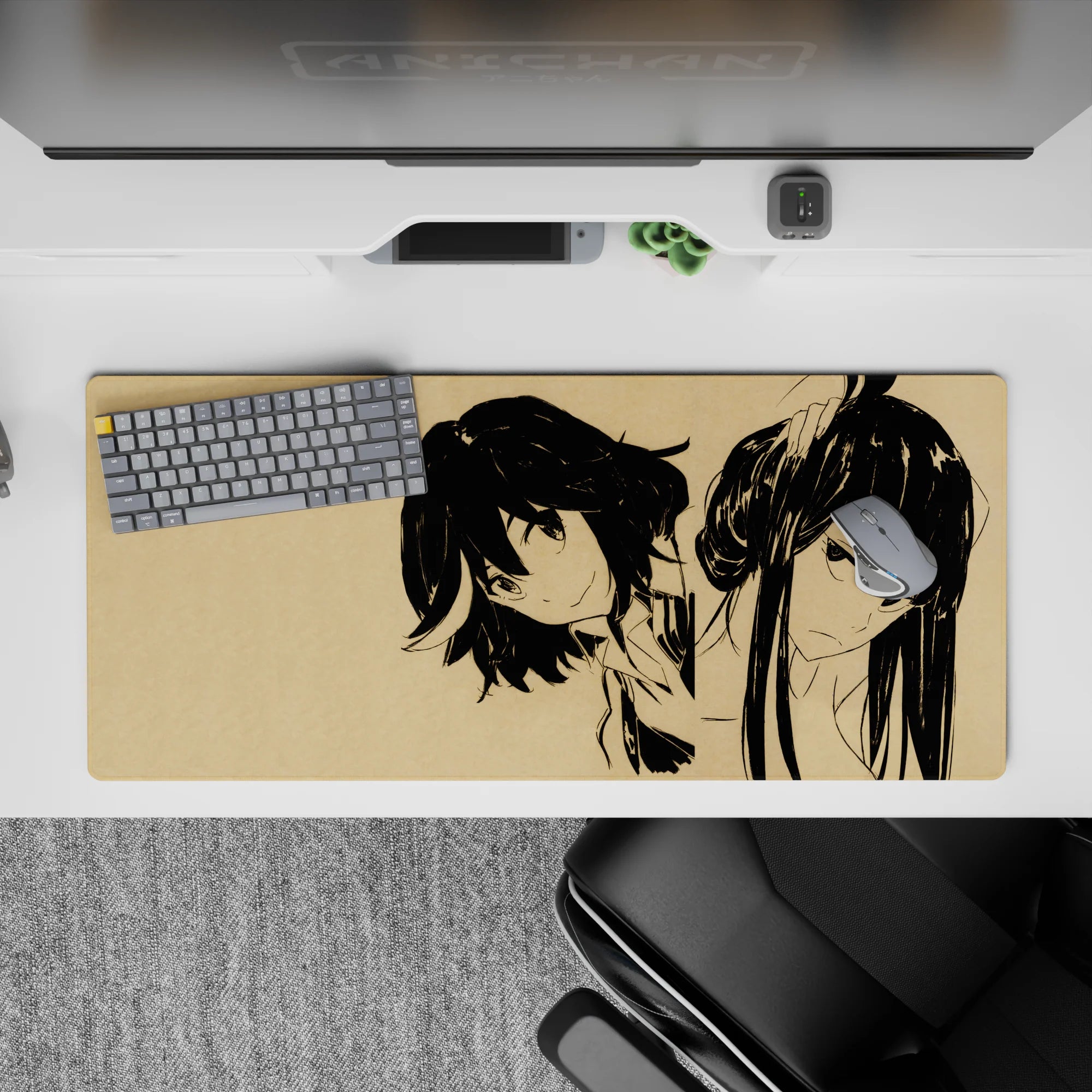 36x16 inches anime girl mouse pad in warm parchment beige with sharp black lines and calm negative space.