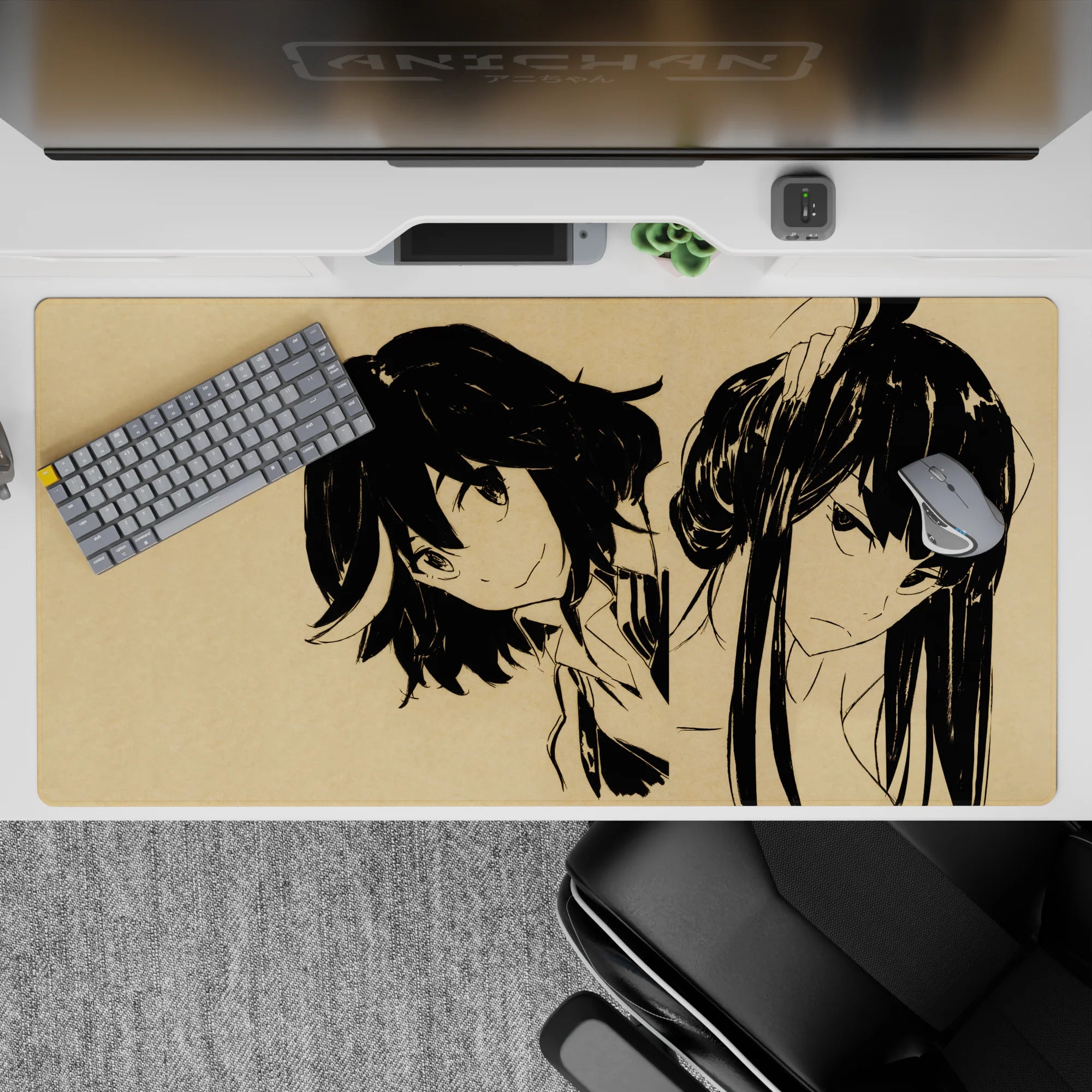 40x20 inches anime girl desk pad in bold black ink on warm beige, calm minimal vibe with edgy attitude.
