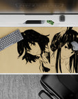 40x20 inches anime girl desk pad in bold black ink on warm beige, calm minimal vibe with edgy attitude.