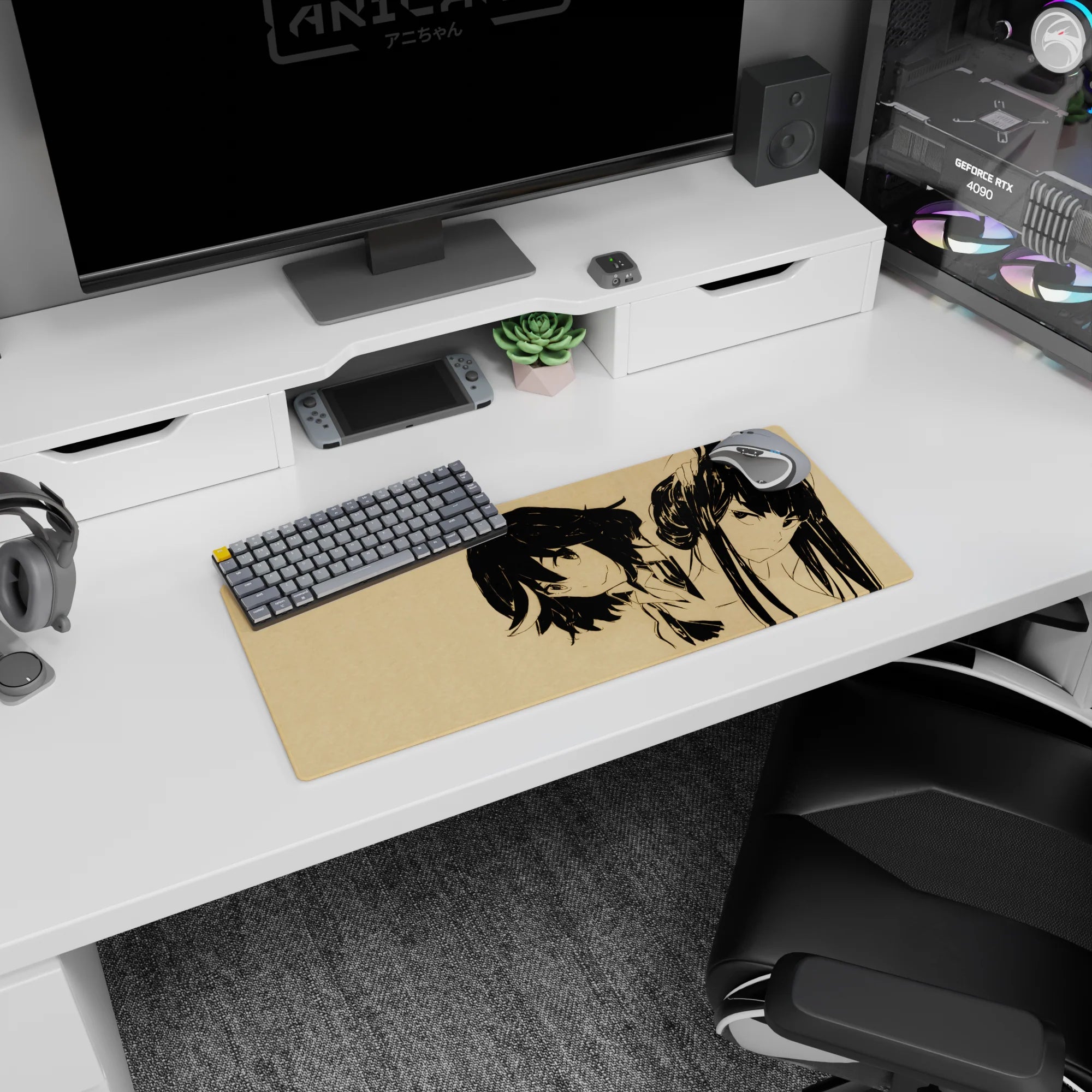Anime girl mouse pad 28x12 inches showing two girls: messy bob with sly smile and ponytail with fierce stare.