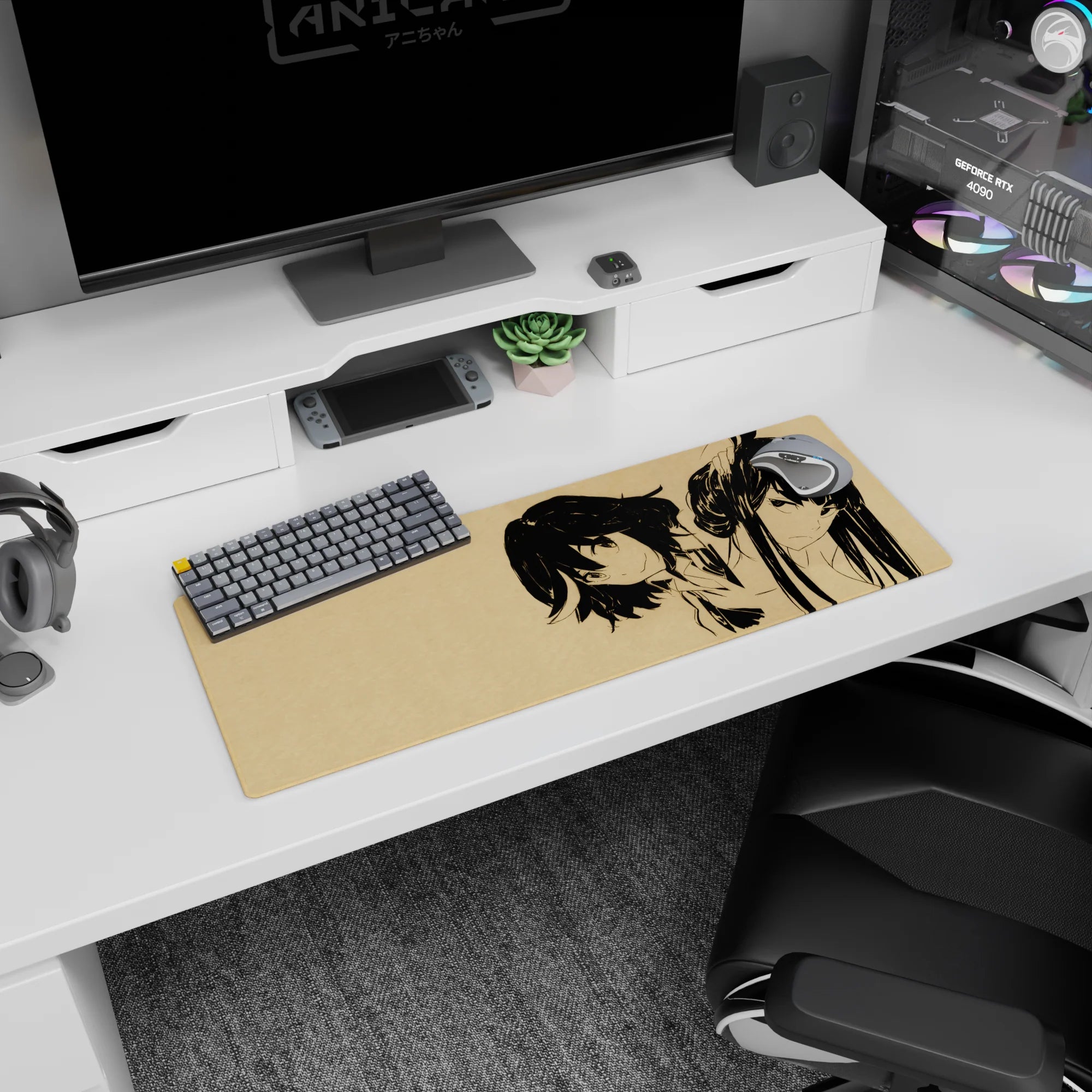 32x12 inches anime girl mouse pad showing two girls, one smirking bob cut, one fierce high ponytail.
