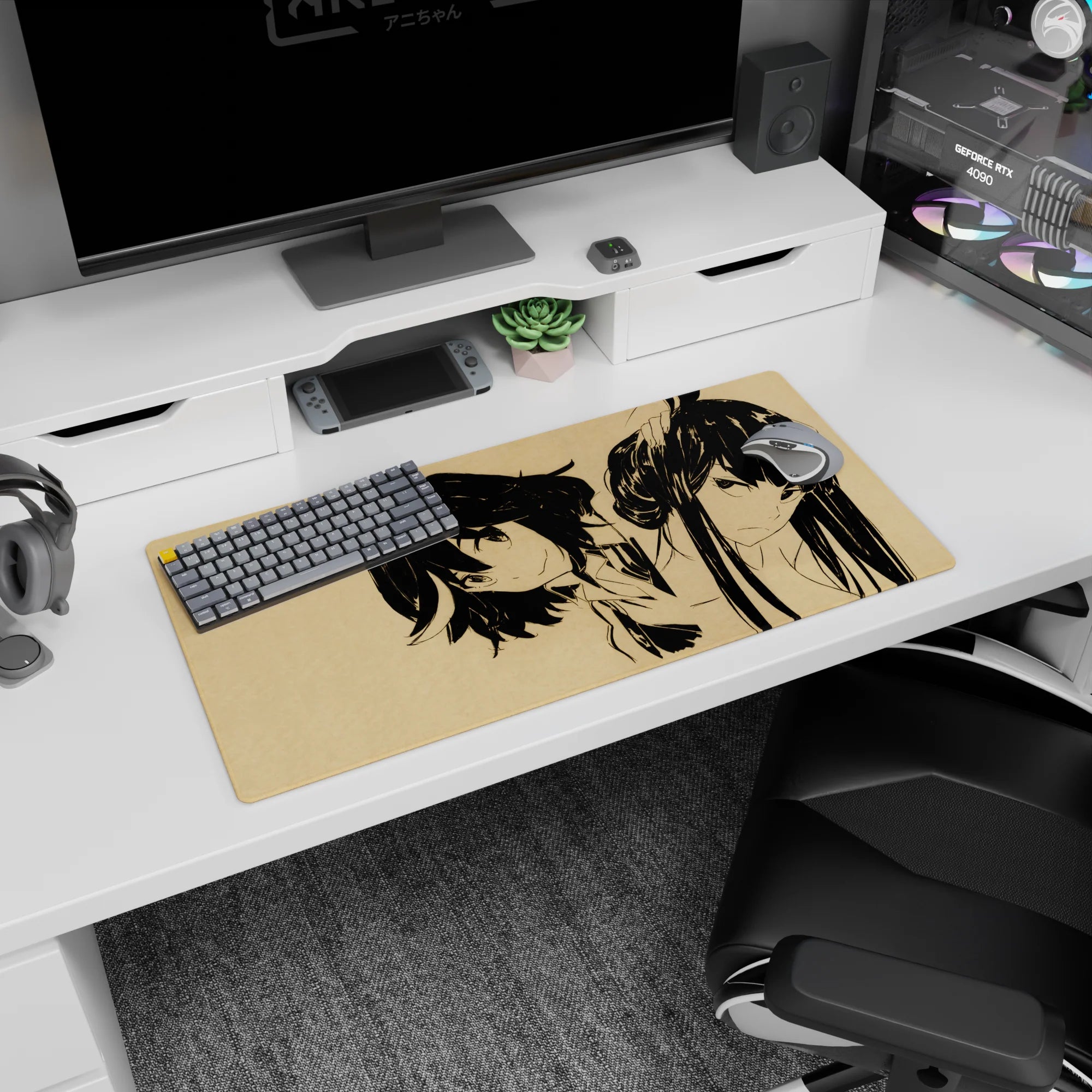 Anime girl mouse pad 32x16 inches featuring two girls: sly bob-cut leaning in, tall ponytail with hard stare.