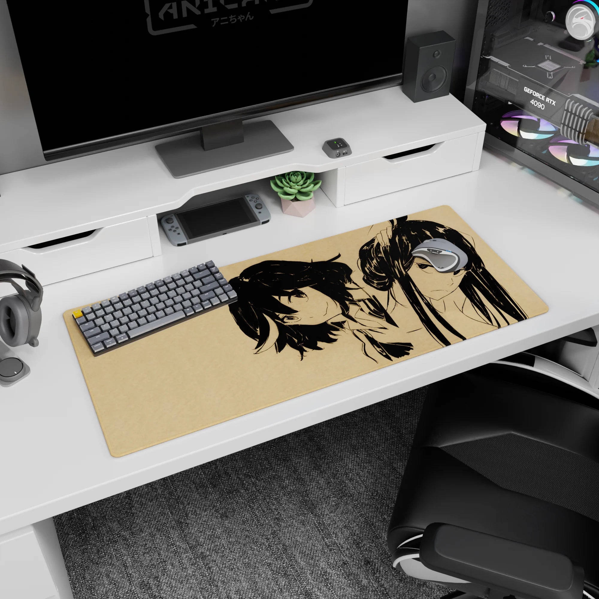 36x16 inches anime desk pad showing two girls: bob-haired smirk leaning in, ponytail glare standing tall.