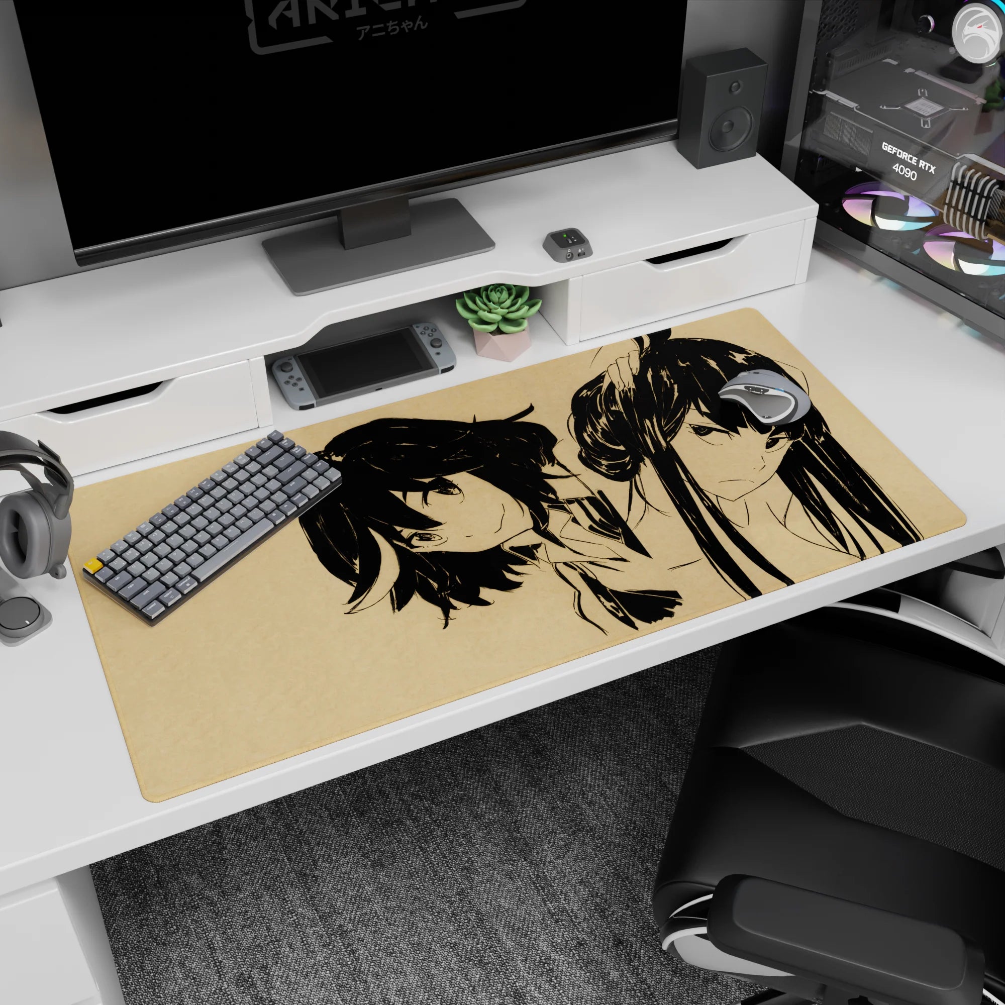 40x20 inches anime girl desk pad showing bob-haired girl smirking and ponytailed girl staring, sketch style.