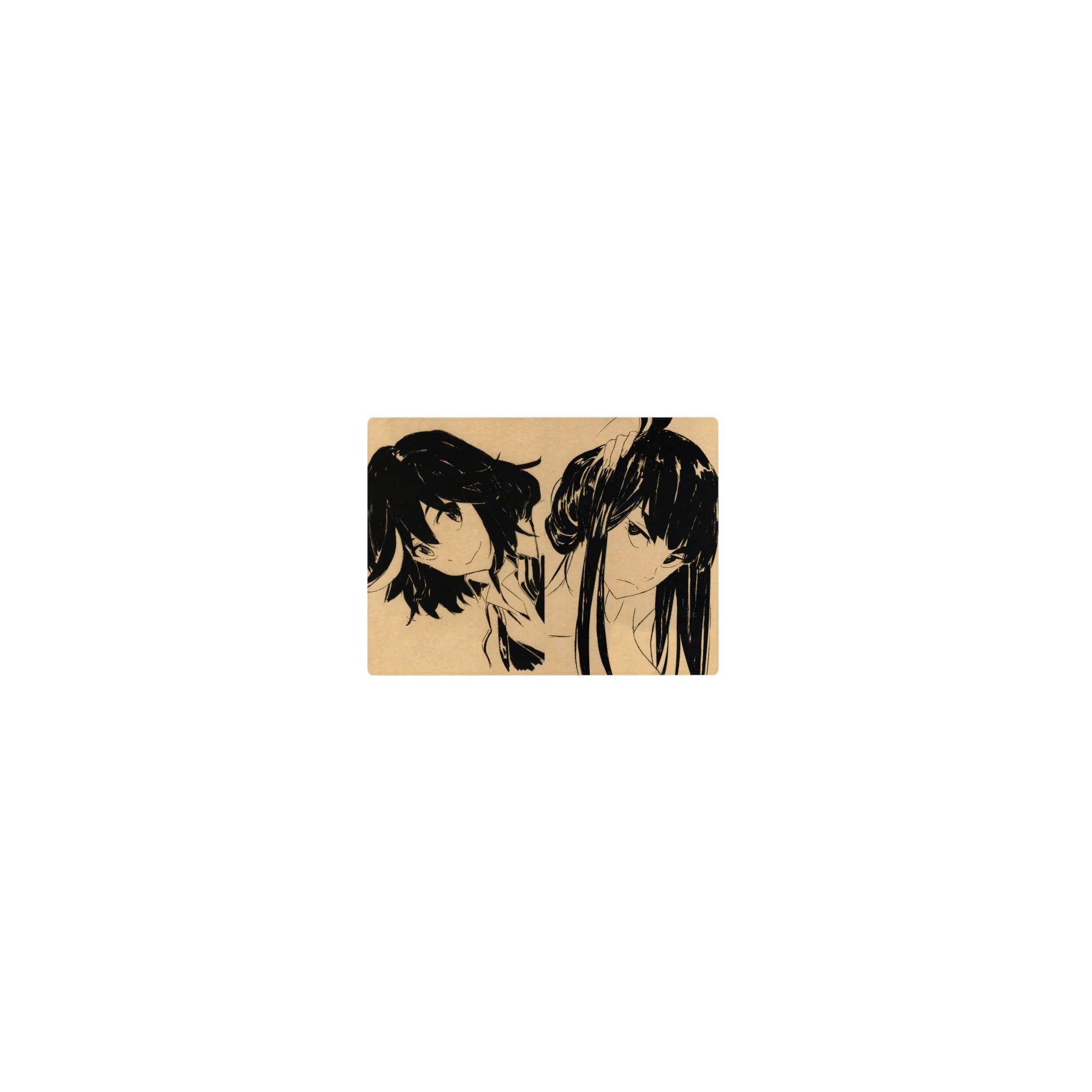 Classic anime girl mouse pad 14x10 inches with two stylish girls in bold black ink on beige parchment.