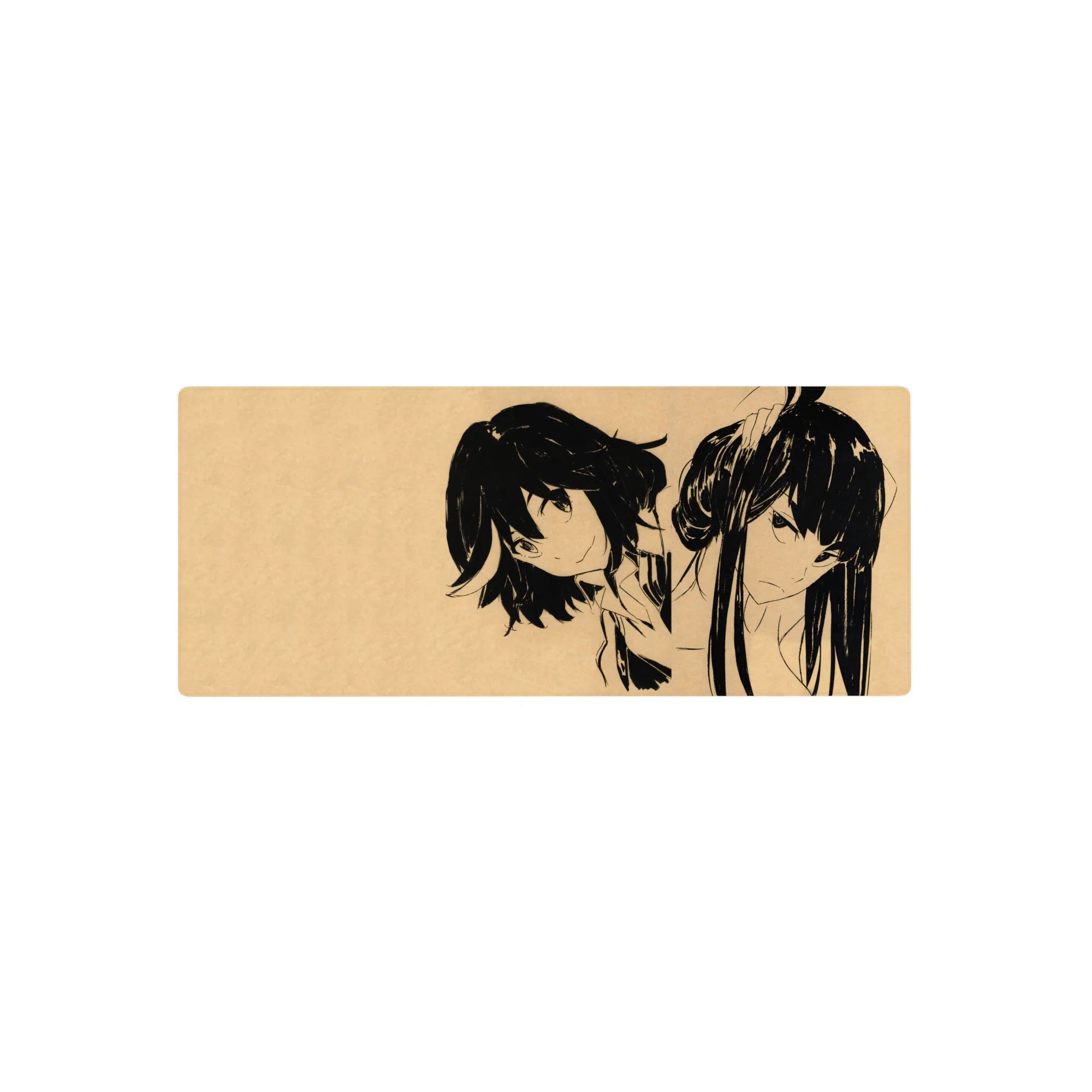 Anime girl mouse pad 28x12 inches with two bold ink-sketched girls on parchment beige, clean negative space.