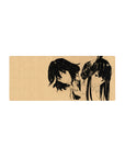 Anime girl mouse pad 28x12 inches with two bold ink-sketched girls on parchment beige, clean negative space.