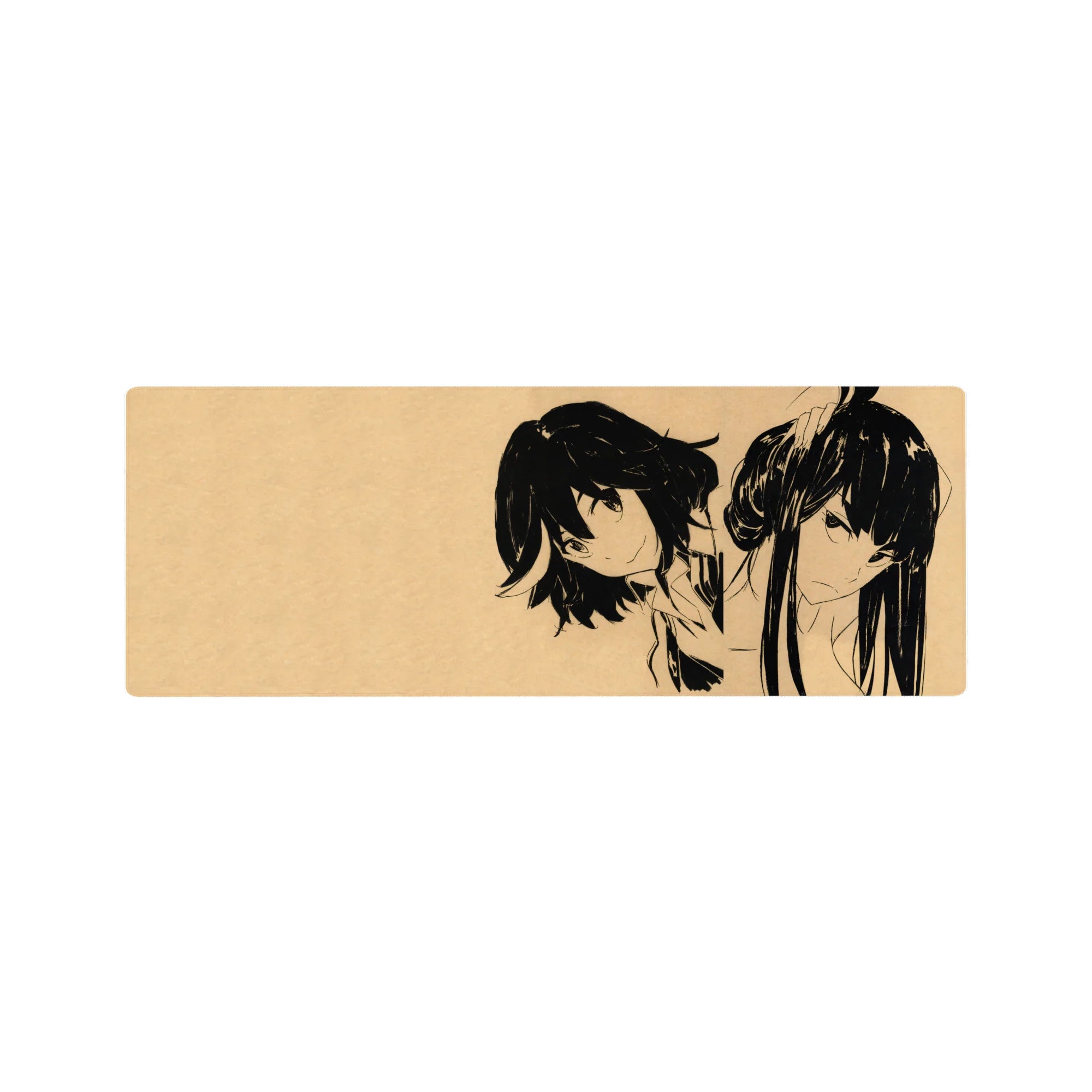 32x12 inches anime girl mouse pad with bold black ink sketch of two stylish girls on beige background.