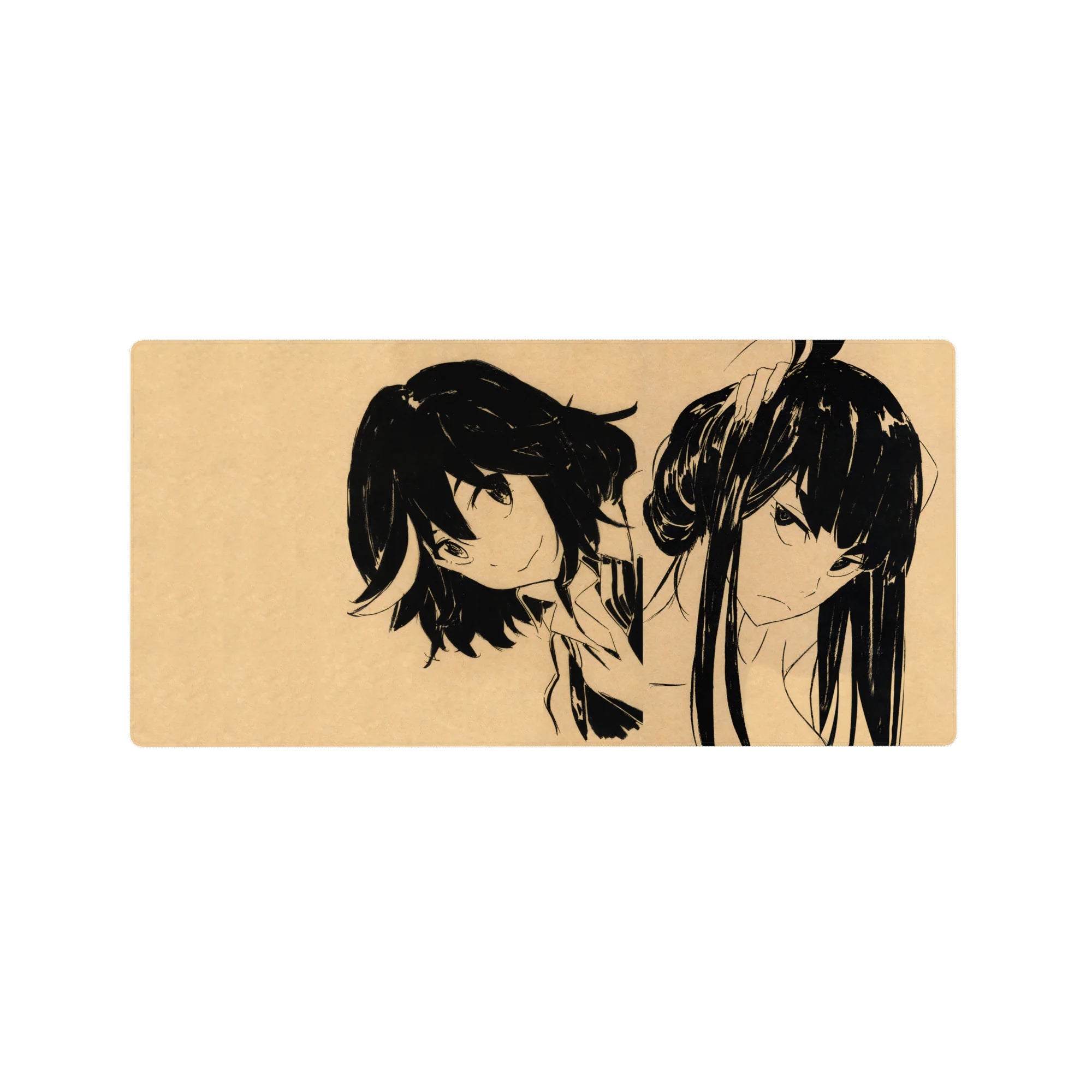 Anime girl mouse pad 32x16 inches with bold ink sketch of two stylish girls and clean negative space.