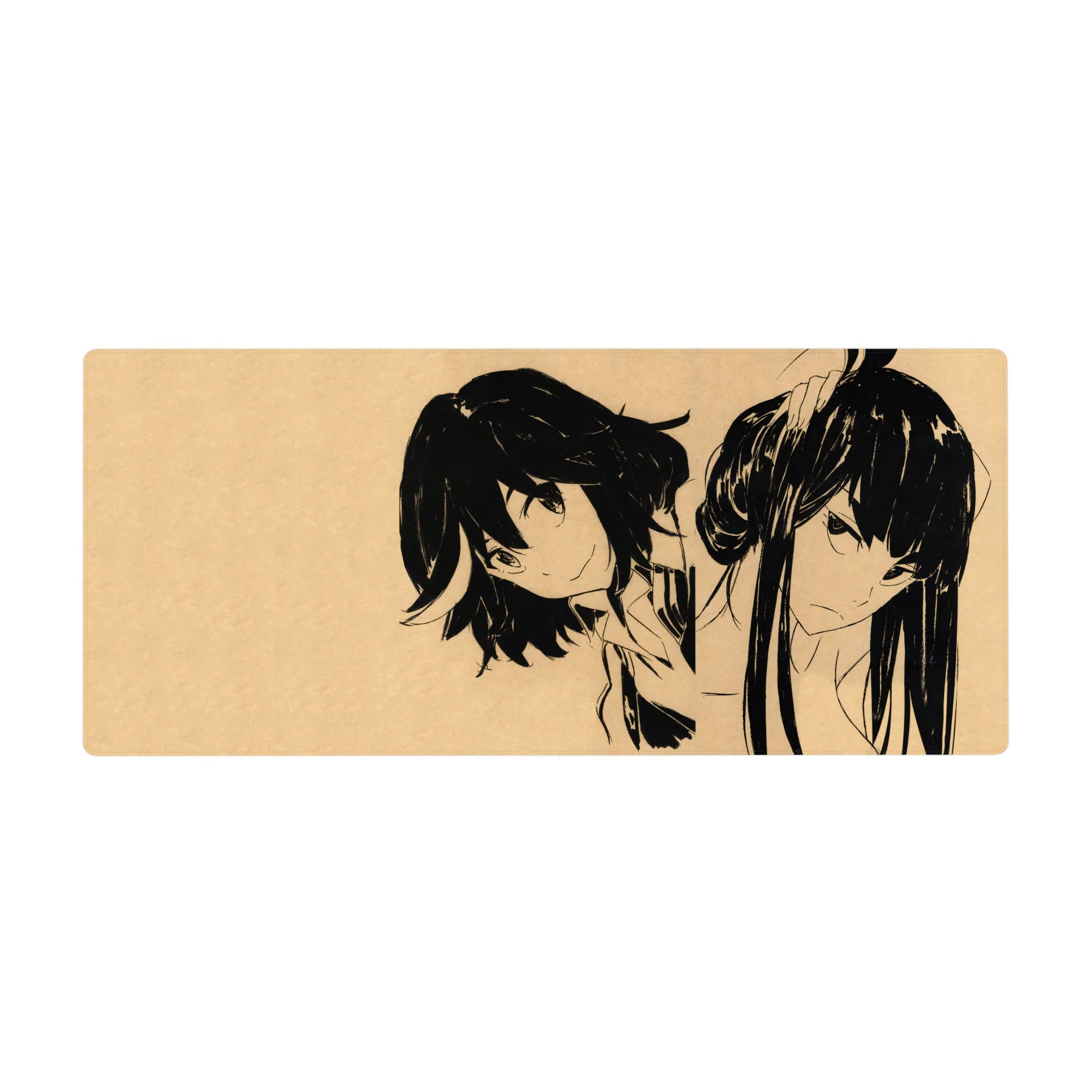 36x16 inches anime girl desk pad with bold black ink sketch of two stylish girls on beige parchment.