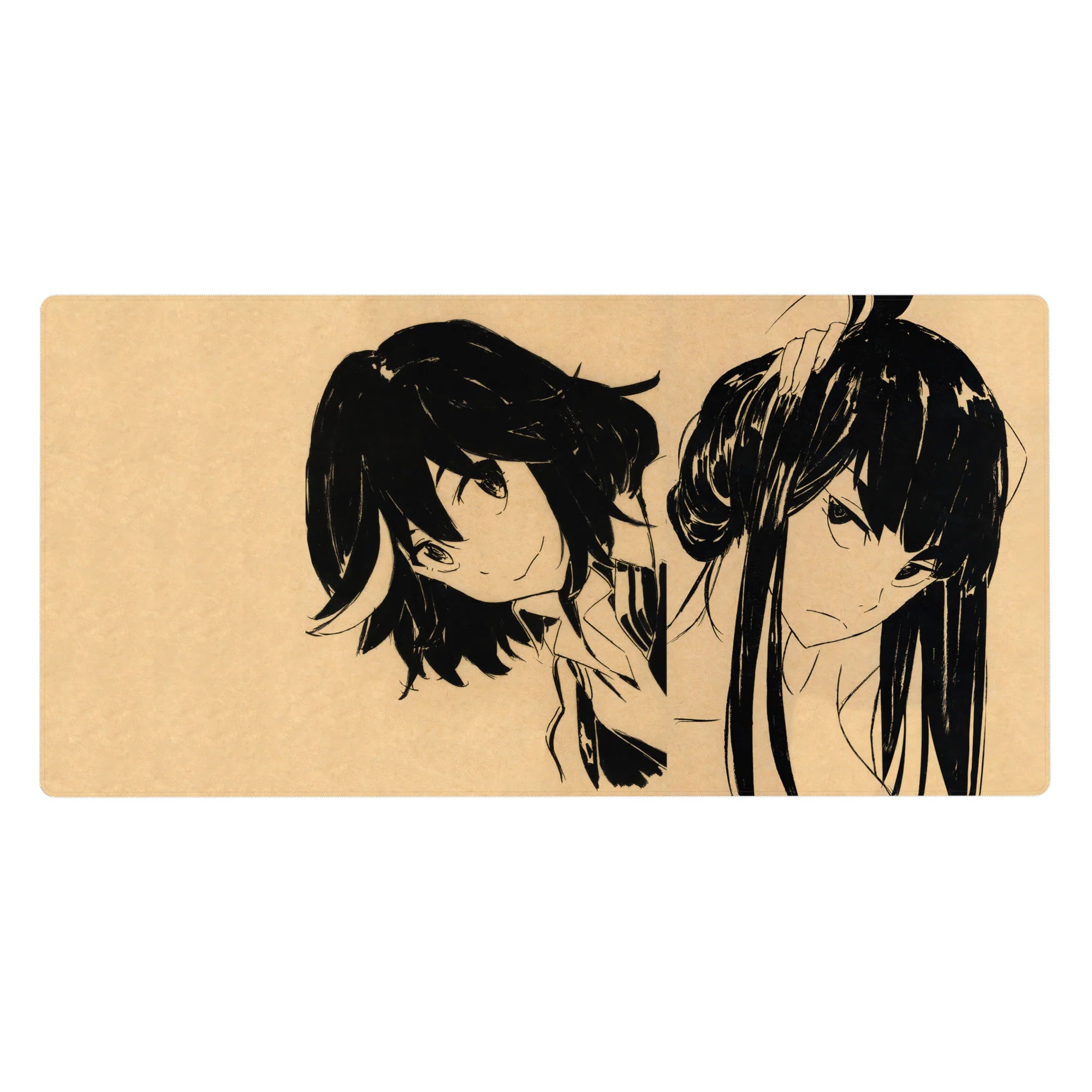 40x20 inches anime girl desk pad with two stylish ink-sketched girls on parchment beige, clean space.