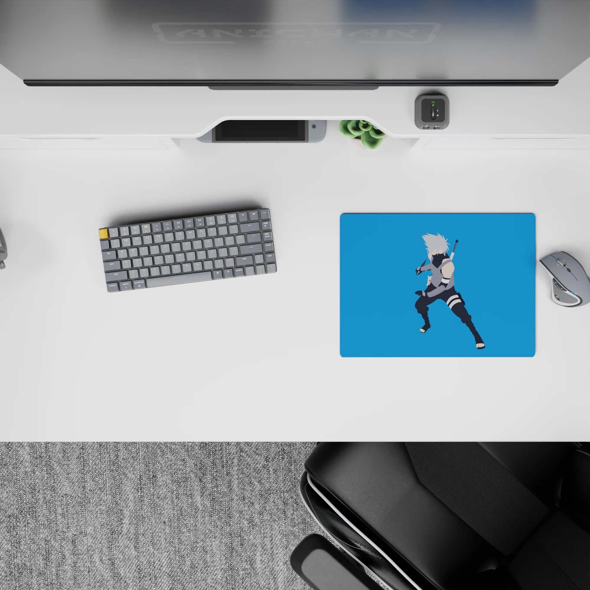 Sky-blue 14x10 inches anime mouse pad with calming vibe, silver hair and dark mask popping on cool tones.