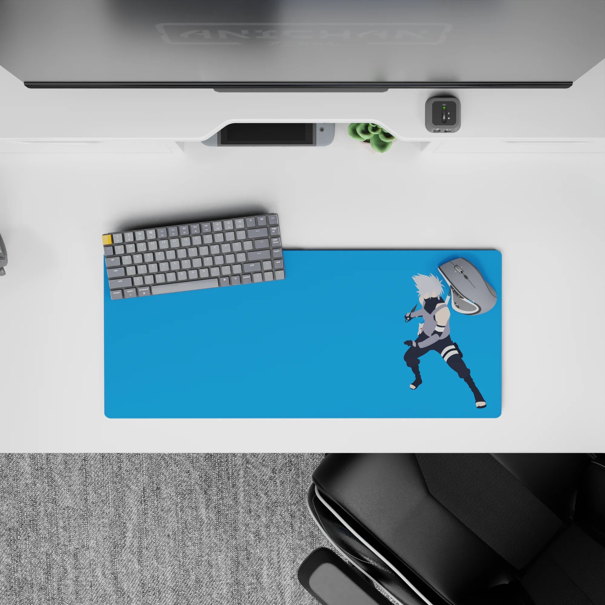 28x12 inches anime mouse pad in calming sky-blue tones, silver hair and dark mask contrast, smooth tracking.